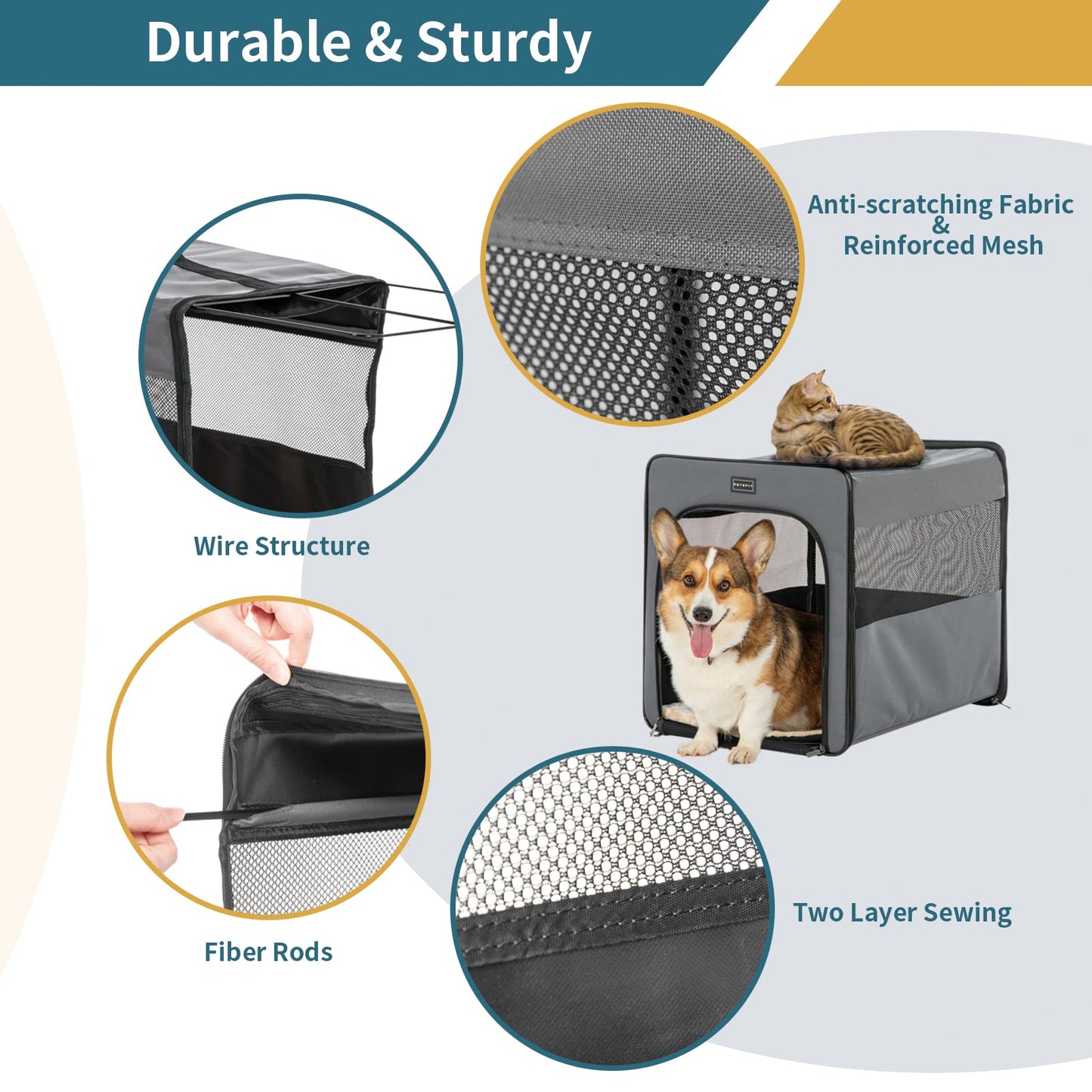 PETSFIT Collapsible Dog Crate, Soft Sided Dog Crate - 31 Inch with Thicken Mat, Easy to Fold, Sturdy and Portable, Perfect for Traveling, Dog Travel Crate Grey