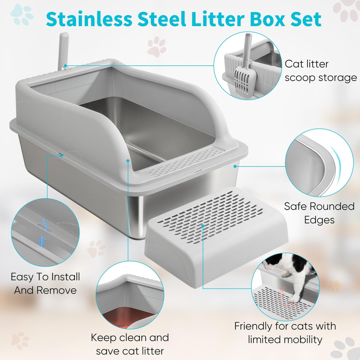 Stainless Steel Cat Litter Box with Lid, Extra Large Metal Litter Boxes for Big Cats & Kitten, XL High Sided Litter Box,Odorless,Non-Stick,Easy Cleaning, Step & Scoop Included