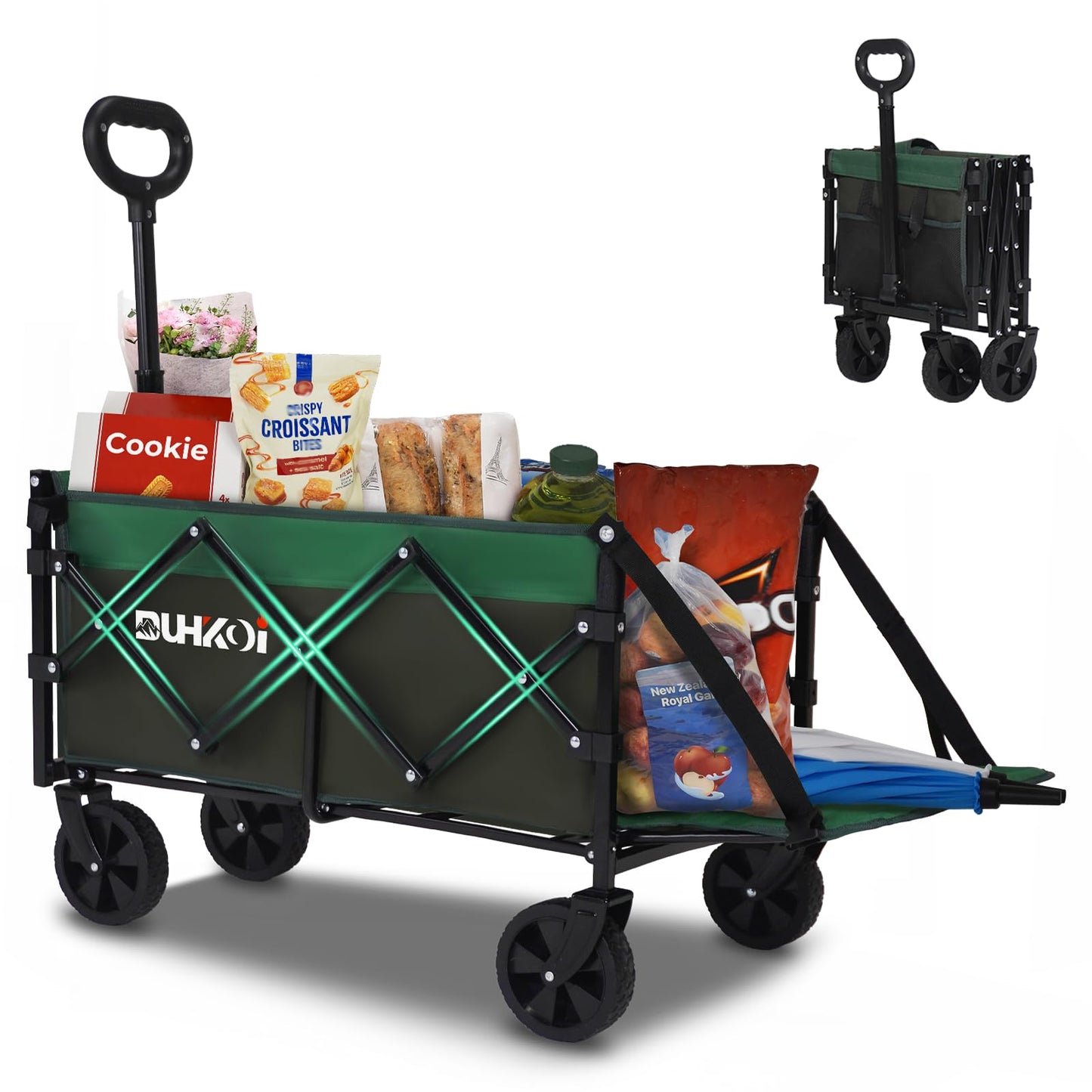 Duhkoi Collapsible Folding Wagon with Tailgate, 12lbs Medium Utility Cart, 120L Compact Capacity Wagon with Wheels, Adjustable Handle & Cup Holders for Shopping & Outdoor Use (Black Gray)