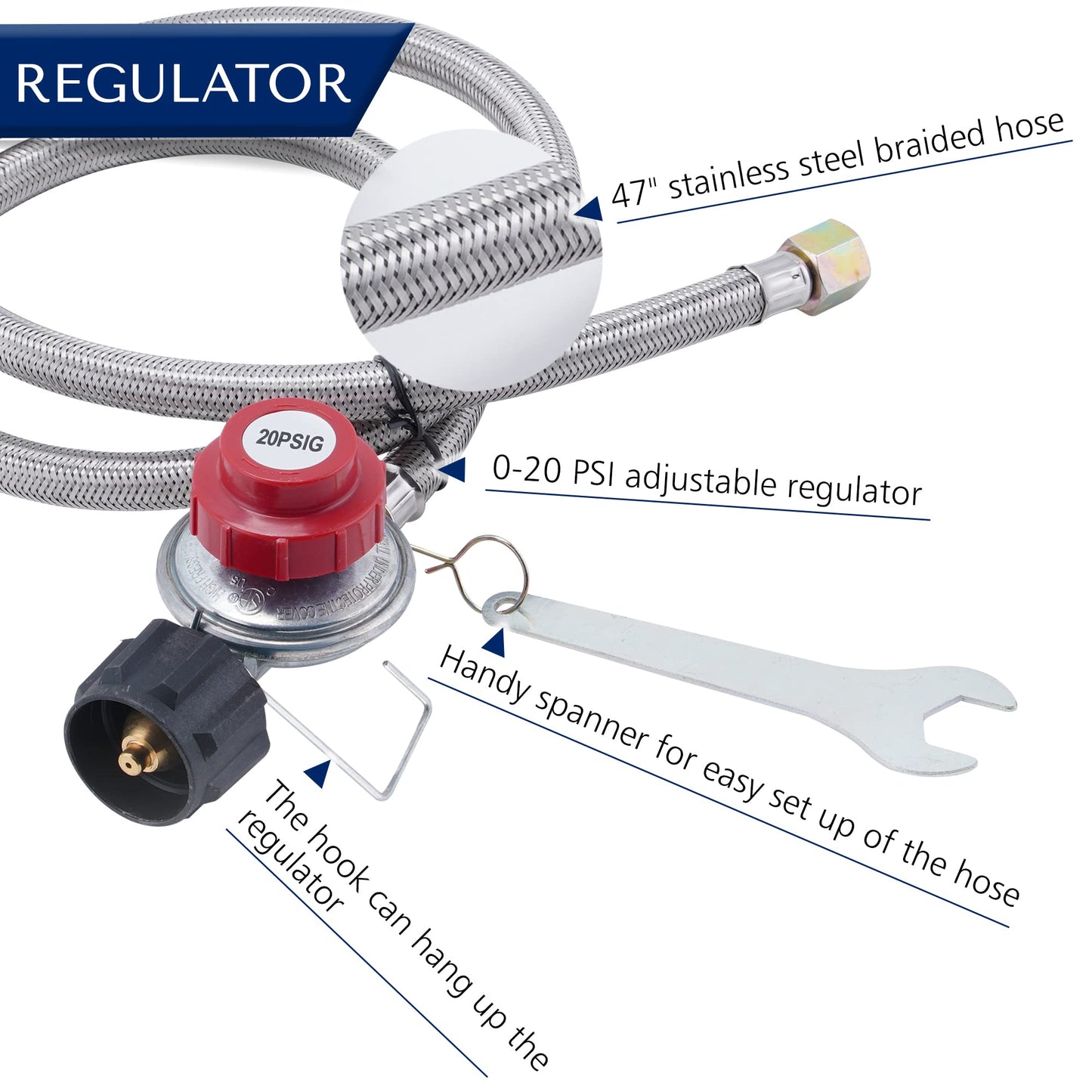 ARC G20S Heavy Duty Cast-Iron Burner Head up to 65,000 BTU, 0-20 PSI High Pressure Adjustable Propane Regulator Hose Set with Tools, Stainless Steel Hose, 5.5" Burner Head
