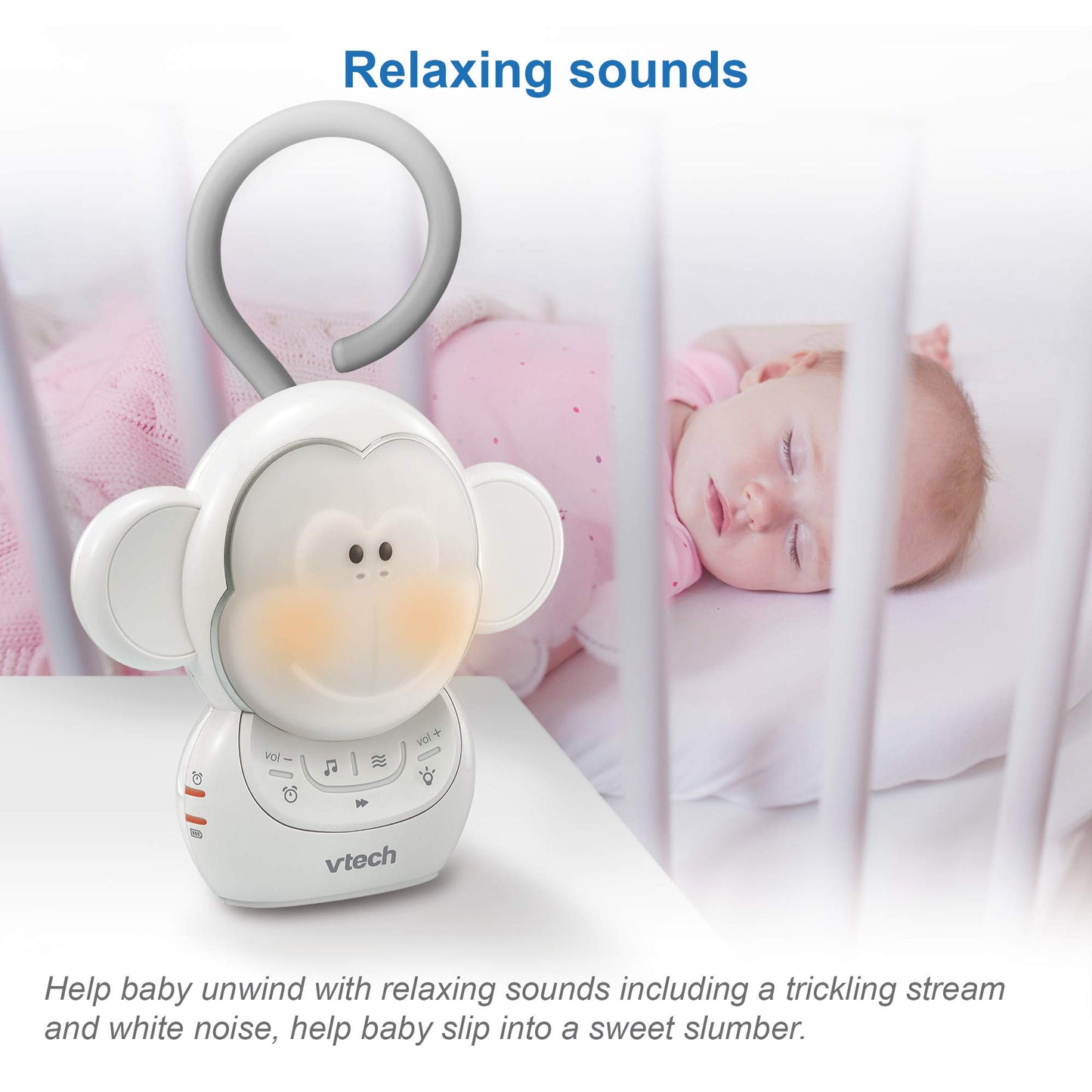 VTech BC8211 - Myla The Monkey - Baby Sleep Soother With White Noise Sound Machine, Soft Ambient Sounds And Melodies, Soft-Glow Night Light, NEW Rechargeable Battery Version.