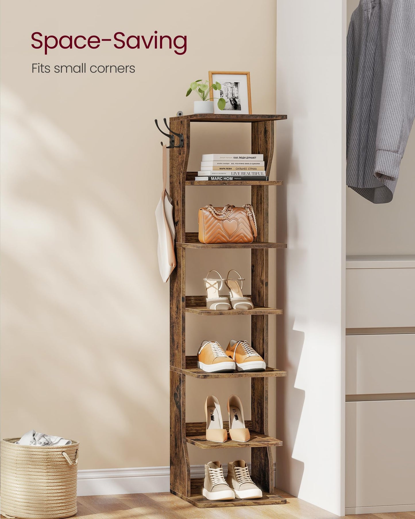 VASAGLE 7-Tier Vertical Shoe Rack, Narrow Shoe Storage Organizer with Hooks, Slim Corner Tower Shelf, Space-Saving for Entryway and Bedroom, Rustic Brown ULBS200KD01