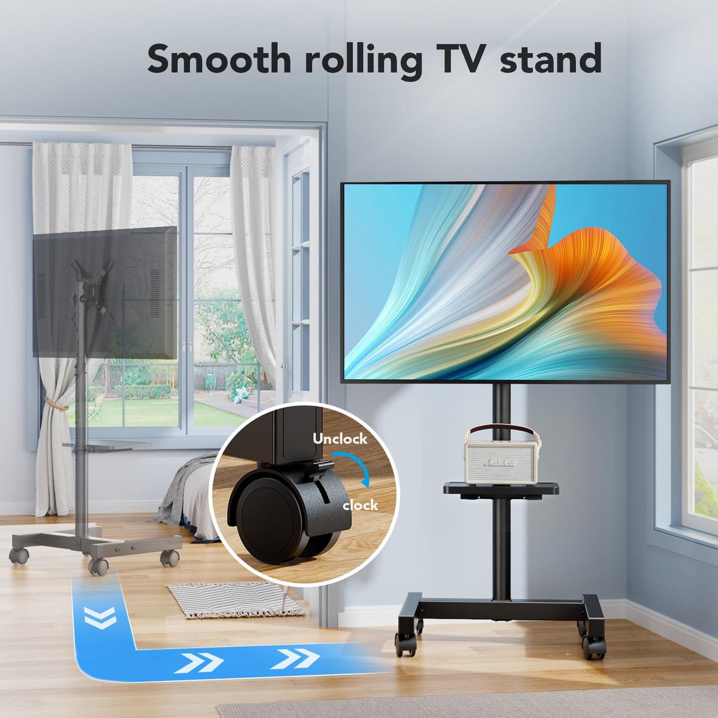 Mobile TV Floor Stand for 13-50 inch LCD LED Flat/Curved Panel Screen TVs up to 77 lbs, Height Adjustable TV Stand Mount with Tilt VESA 200x200, Portable TV Stand with Shelf AX2007TBM