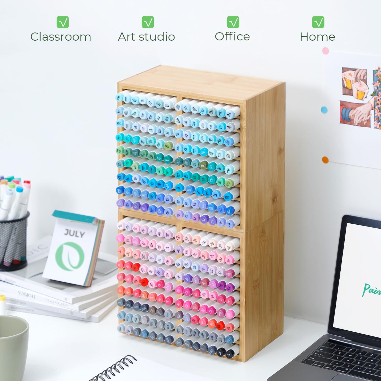 Ohuhu Bamboo Marker Organizer, Wooden Desktop Storage Hold 126 Markers, Markers Pens Pencils Art Brushes Stationary Organizer Pencil Holder with 18 Compartments