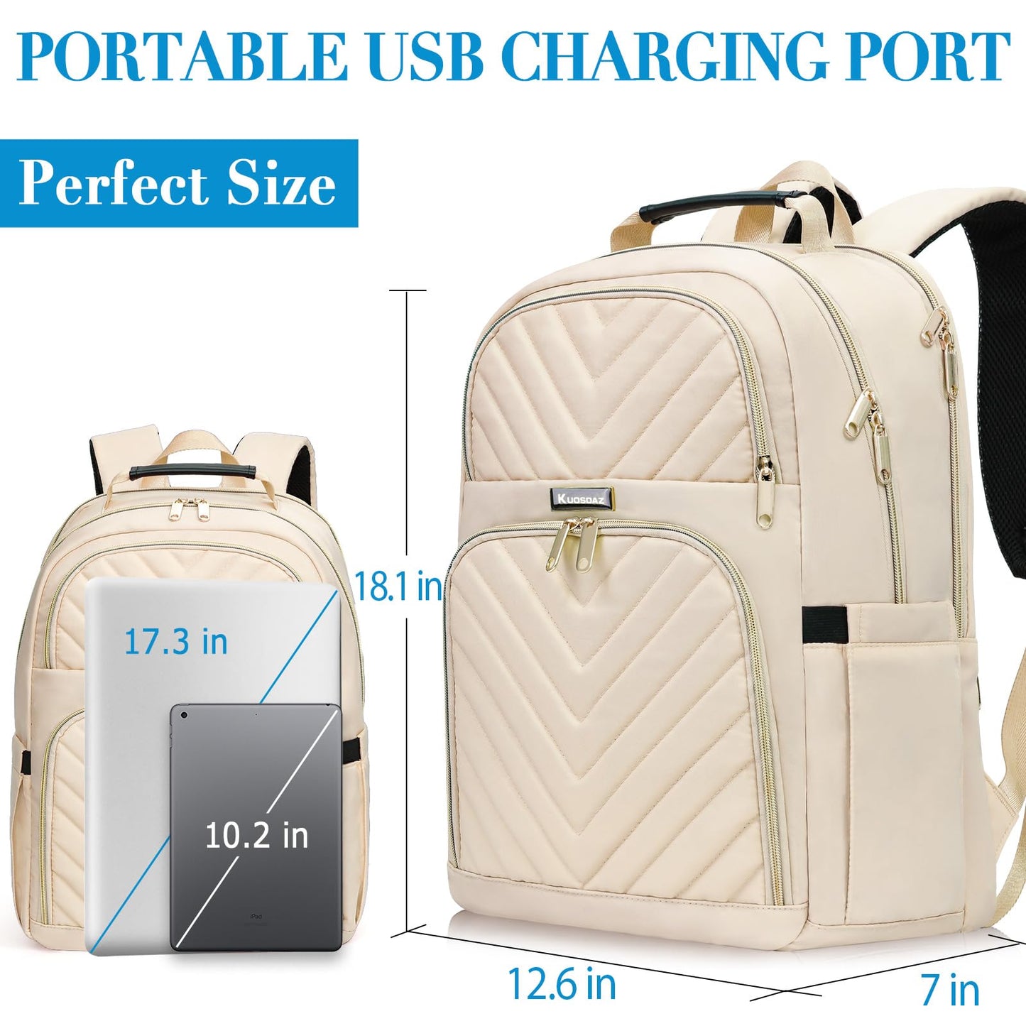 Travel Laptop Backpack for Women, School Backpack for Girls, 15.6 Inch Quilted Work Backpack Purse with USB Charging Port, Large Anti-theft Teacher Student Book Bags, Casual Daypacks, Beige
