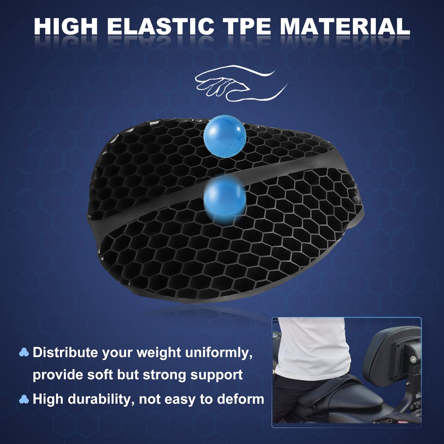 SKYJDM Foldable Motorcycle Gel Seat Cushion, Large 3D Honeycomb Structure Shock Absorption & Breathable Motorcycle Gel Seat Pad for Long Rides