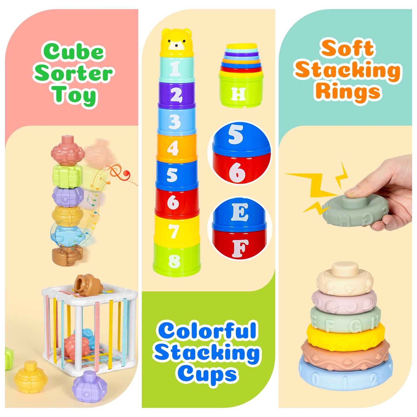 6 in 1 Montessori Toy for Baby Stacking Building Block Soft Infant Ring Shape Learning Sensory Bin Pull String Teething Toy Magic Tissue Box for Toddlers 18M+ 2 3 Year Old Boy Girl Gift
