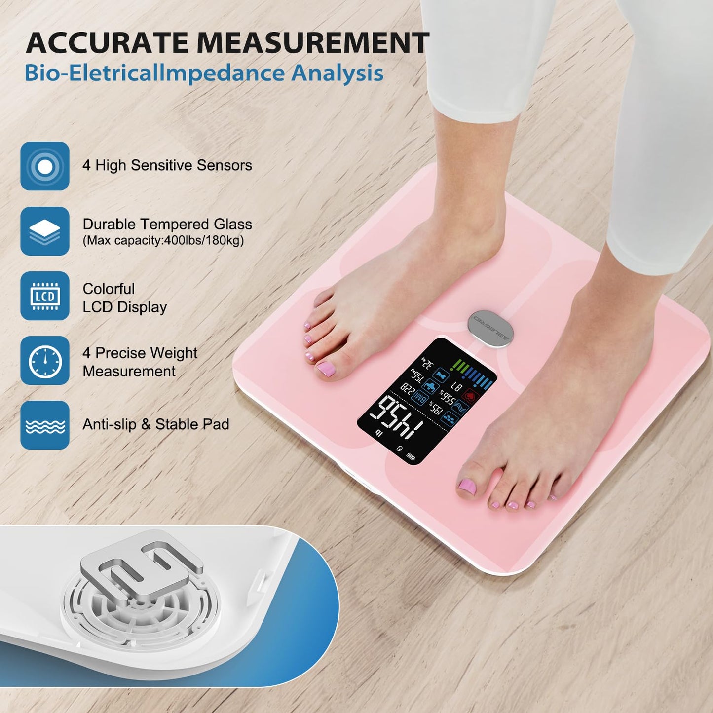 ABLEGRID Body Fat Scale,Digital Smart Bathroom Scale and Fat Percentage,Large LCD Display Screen,Rechargeable Body Composition Analyzer for BMI,Heart Rate,Baby Mode,400lb-Rosegold