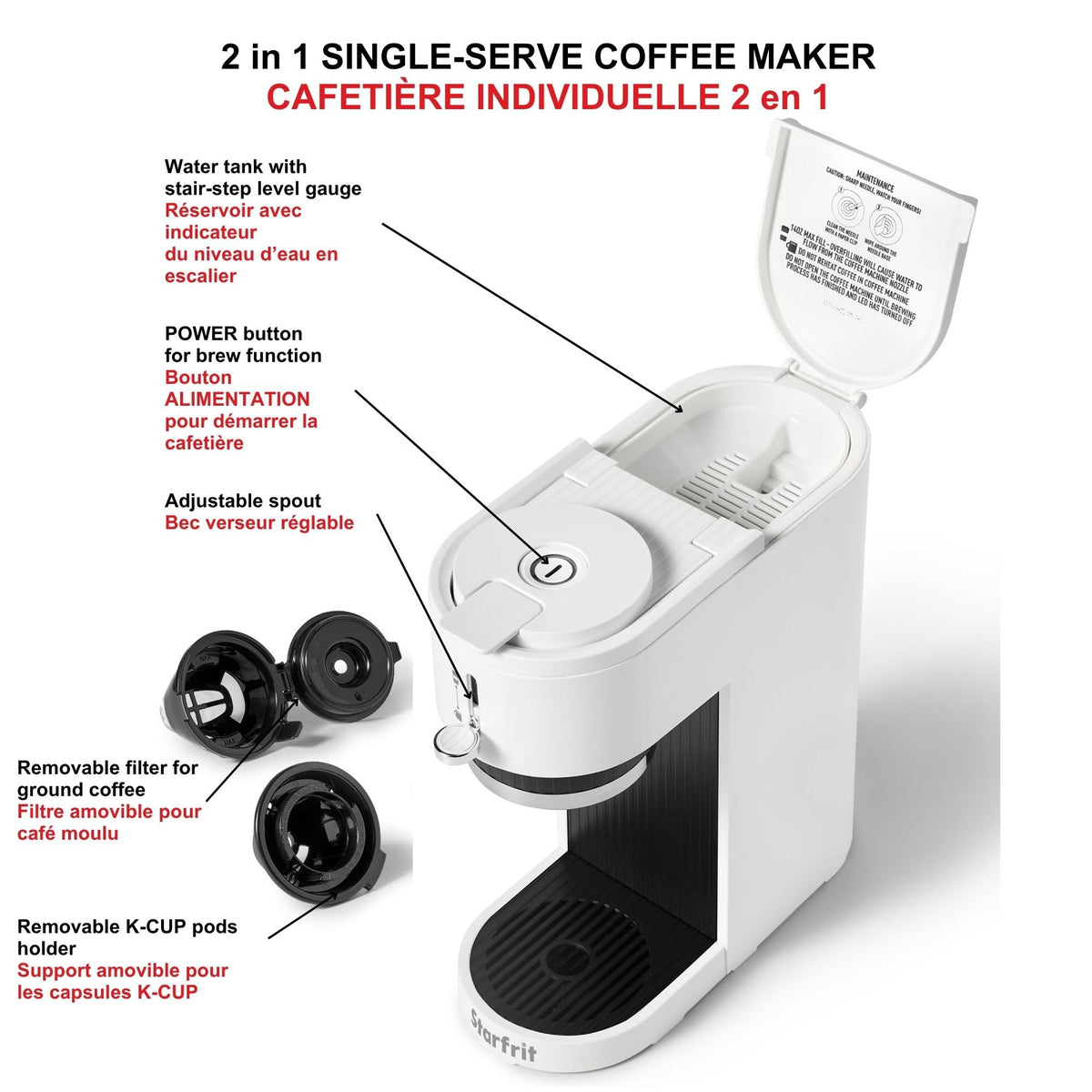 Starfrit 2-in-1 Coffee Machine - Brews K-Cup Pods or Ground Coffee - Adjustable Spout for Mugs - Removable Filter Basket - White Matte