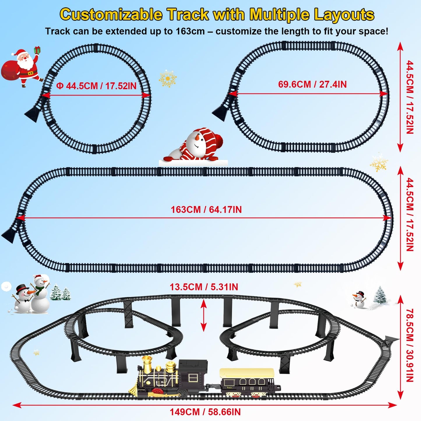 Electric Train Set with 3D Elevated Tracks Music, Locomotive Passenger Carriages, Lights & Quiet Mode Christmas Train for Kids Birthday Gift Holiday Toy for Boys Girls 3 4 5 6 7