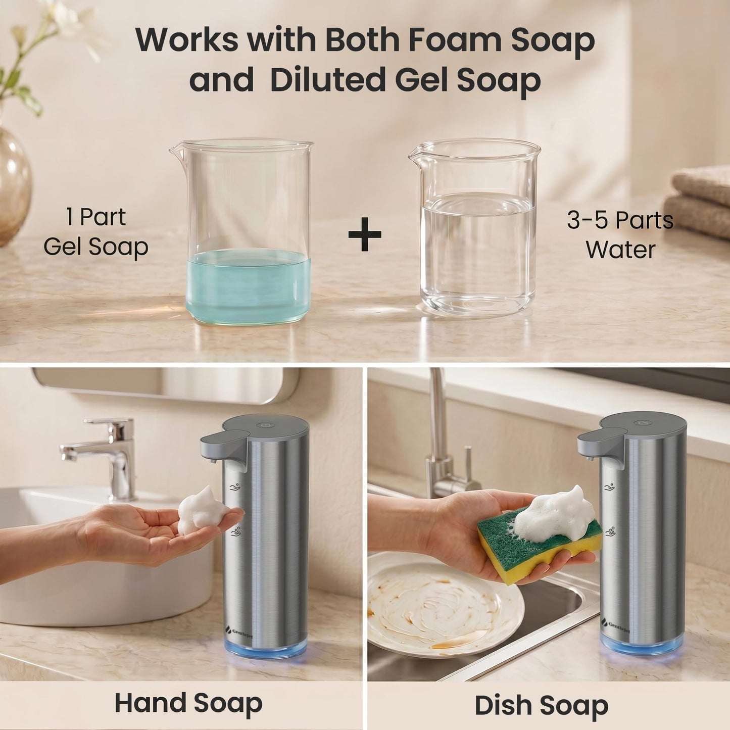 GentleJet EasyFoam Automatic Foaming Soap Dispenser, Touchless USB-C Rechargeable Sensor Pump, 304 Stainless Steel, Adjustable Foam, IPX5 Water-Resistant for Bathroom & Kitchen, 10 fl oz / 300 mL