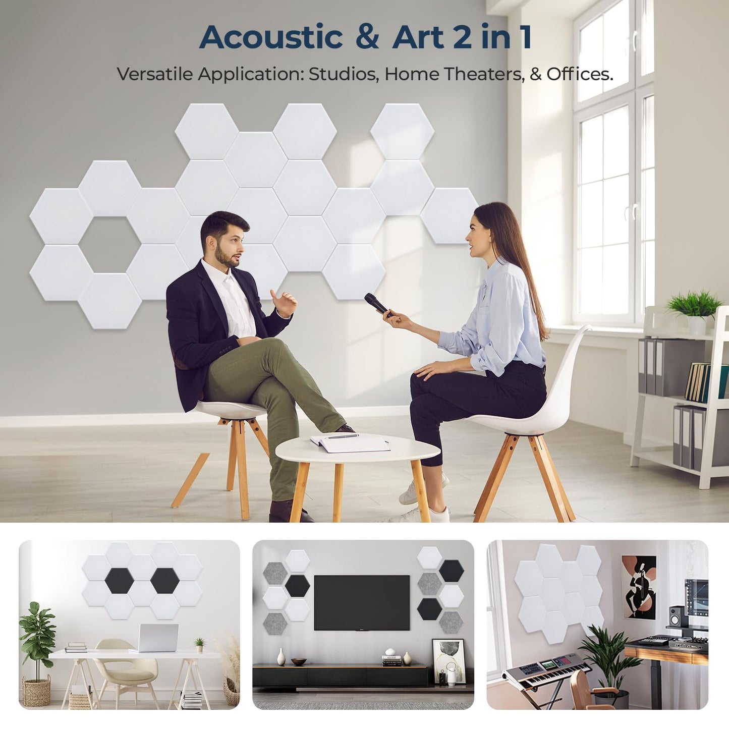 AUSLET 12Pack Sound Proof Panels Hexagon Self-Adhesive Sound Absorbing Panels 12" x 10" x 0.4", High-Density Acoustic Panels for Home Studio, Office, Gaming Room, White