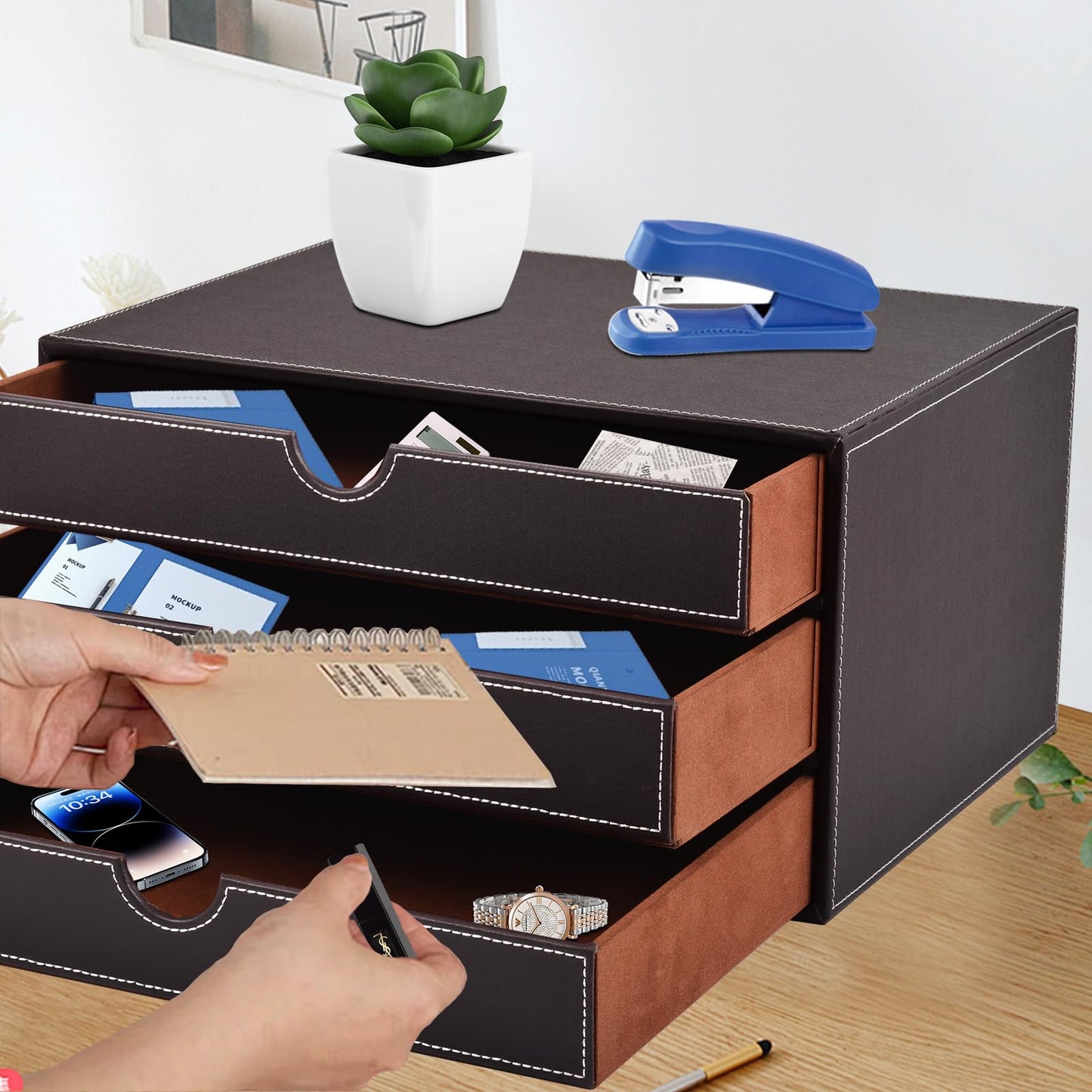Faux Leather Desk Organizer with3 Drawers Executive Office Supplies Desktop Filing A4 File Cabinet/Holder,Stackable Storage Box for Jewelry/Bill/Paper/Documents/Makeup Home Decor Accessories(Brown)