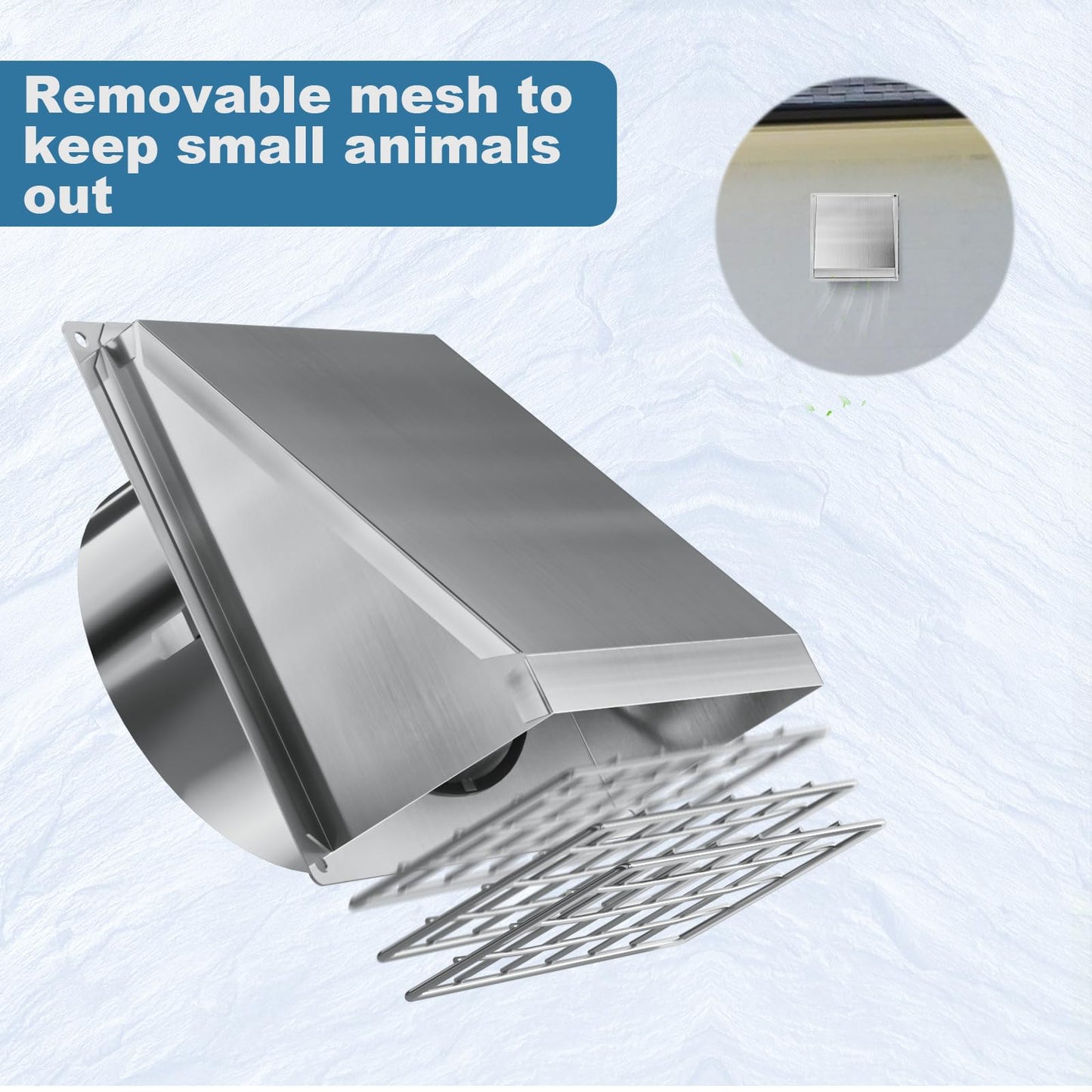 Hon&Guan Dryer Vent Cover Outside 4 Inch with Removable Mesh -304 Stainless Steel Wall Vent Exhaust Vent Cover Rubber Cushioned Non Return Flap