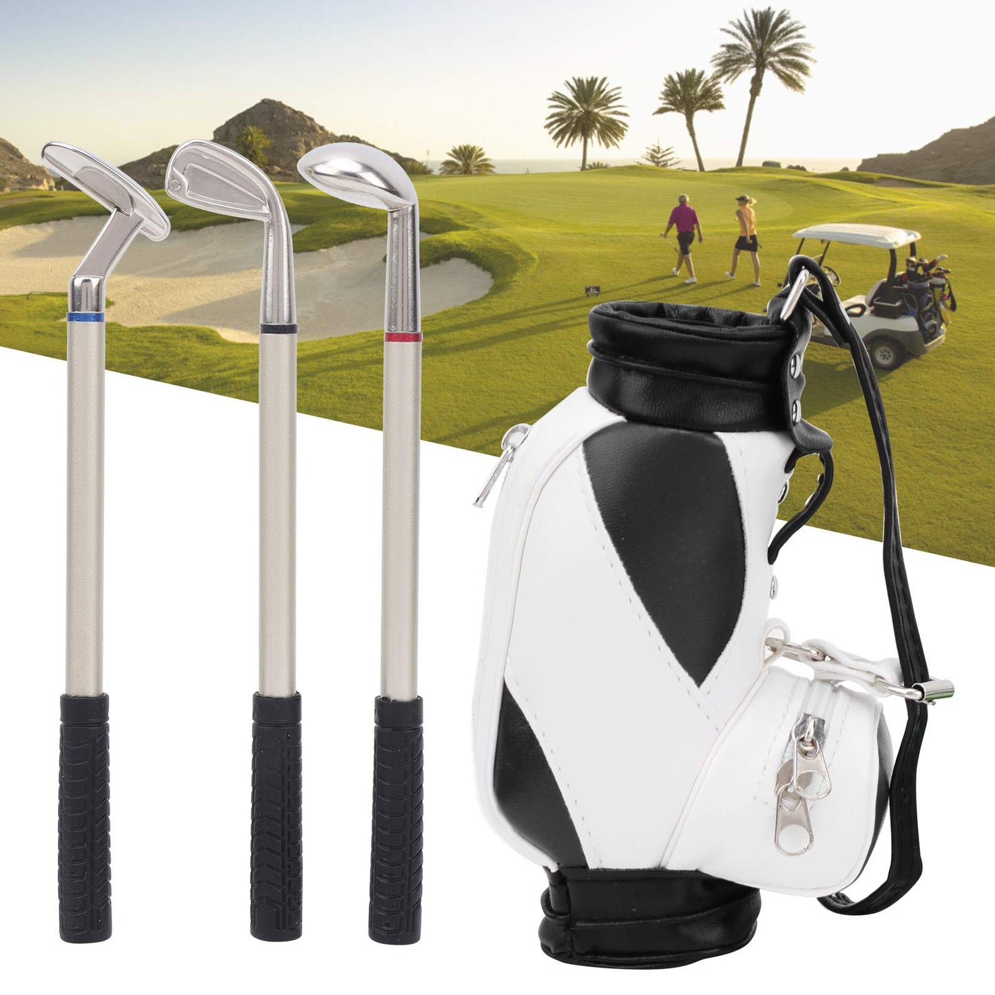 Mini Bag Pen Holder with 3 Club Pens, Novelty Gift Set for Golfer Friends Fans (Black White)