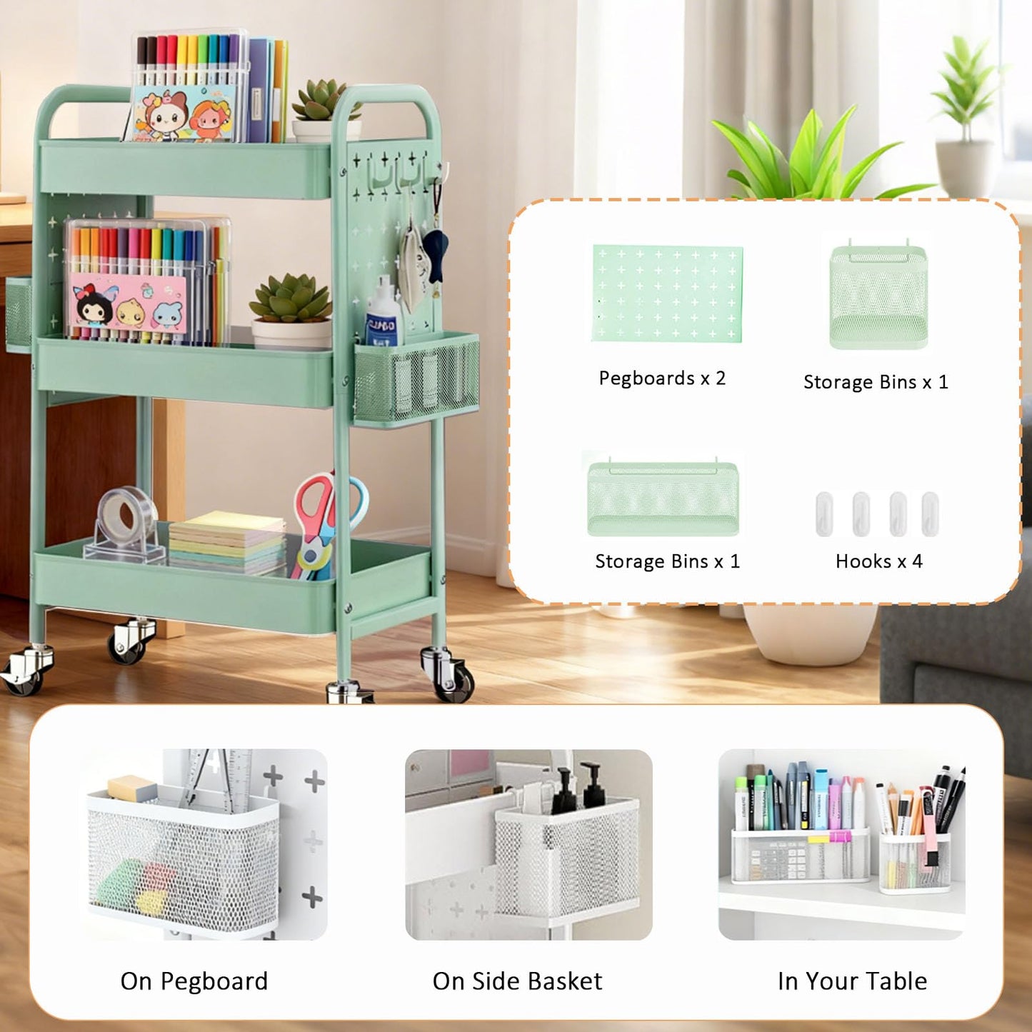 3 Tier Rolling Cart Storage Organizer,Heavy Duty Mesh Rolling Storage Cart Organizer，Metal Utility Cart with Wheels Baskets Hooks Pegboards,Craft Cart for Kitchen,Bathroom,Living Room,Office（Green）