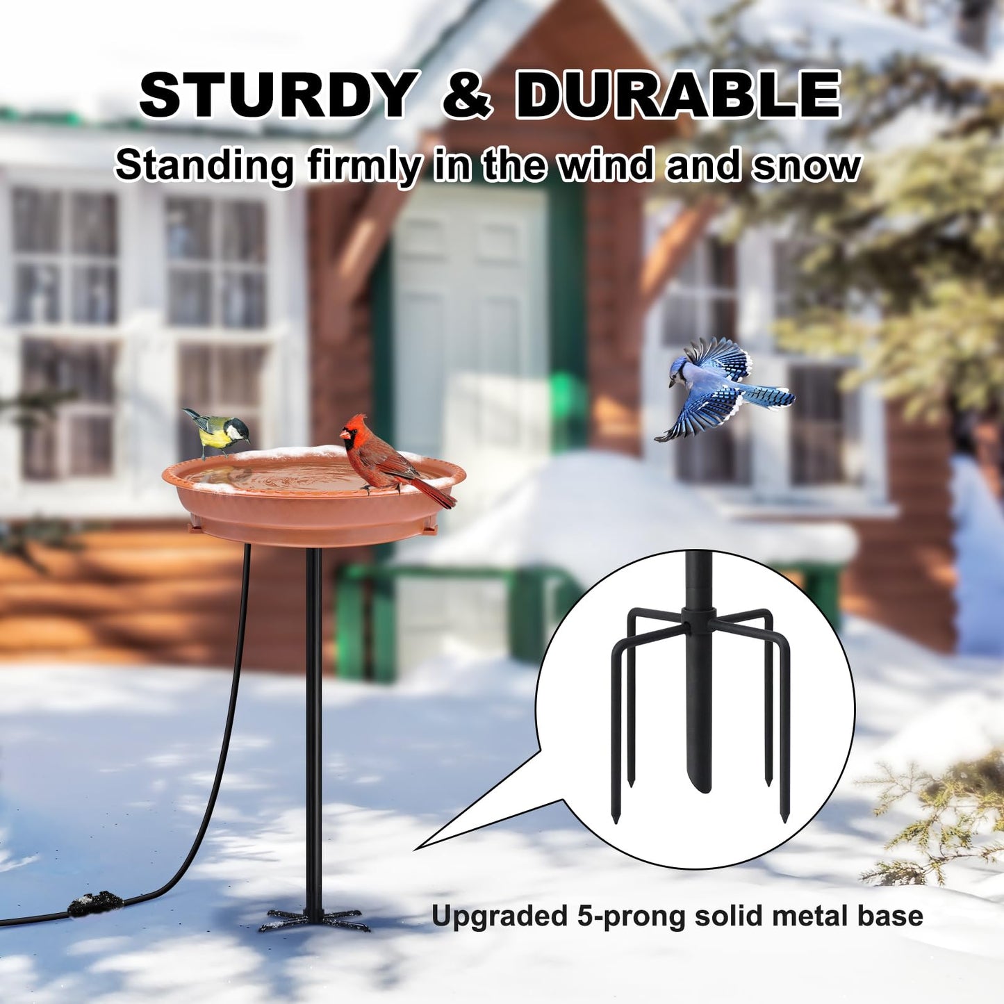 BIRD WISH Heated Bird Bath, Stable 5-Prong Metal Base Thermostat Control Weather Resistance All Seasons Available 75W Heated Bird Baths for Outdoors for Winter Garden Yard Patio Lawn, Terracotta