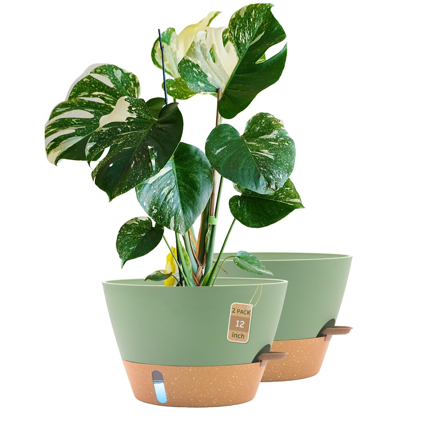FIASON 12-Inch Self Watering Planters with Drainage Holes, Large Flower Pots for Indoor Outdoor Plants, Garden Pots Green 2 Pack