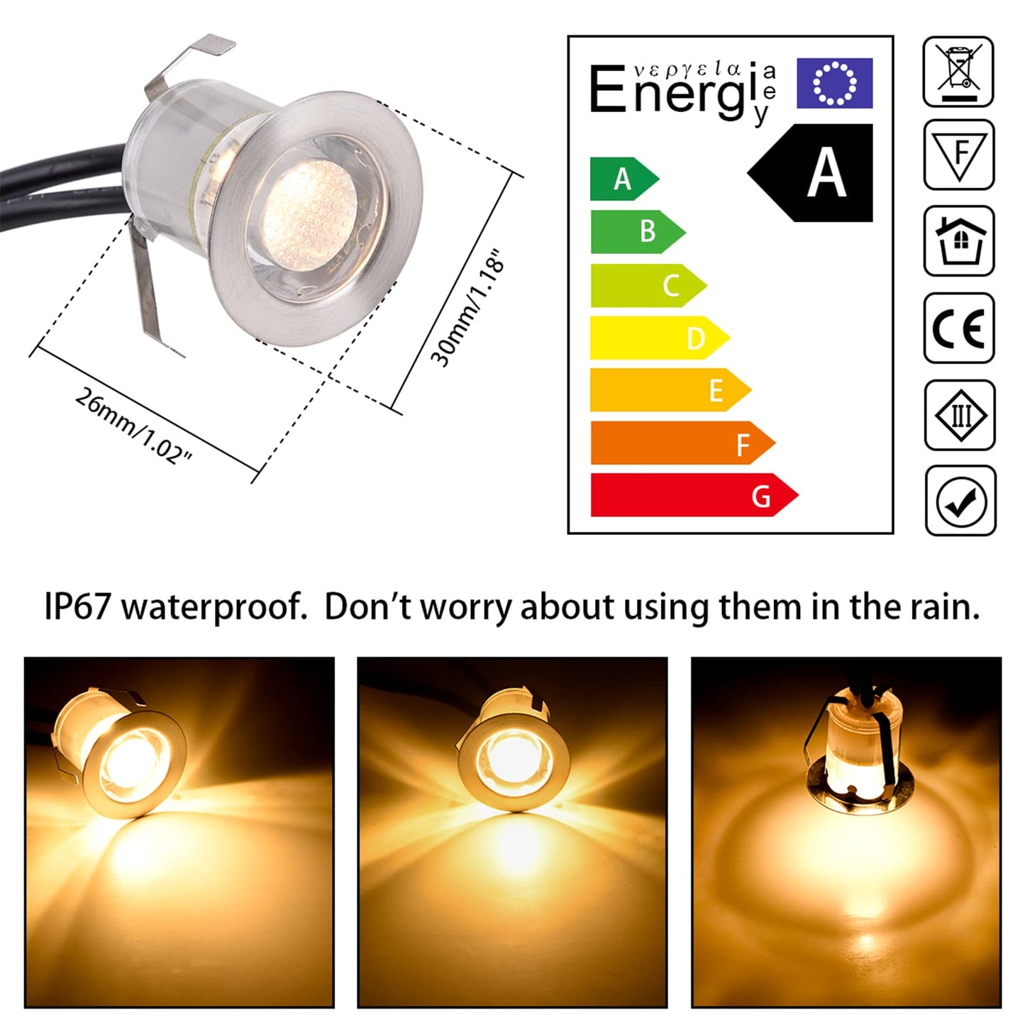 YZGWZLD LED Deck Lights Kit, 10pack Φ1.18 1W IP67 Waterproof 12V Low Voltage Recessed Step Stair Warm White LED Lighting for Yard,Garden,Entryways,Basement