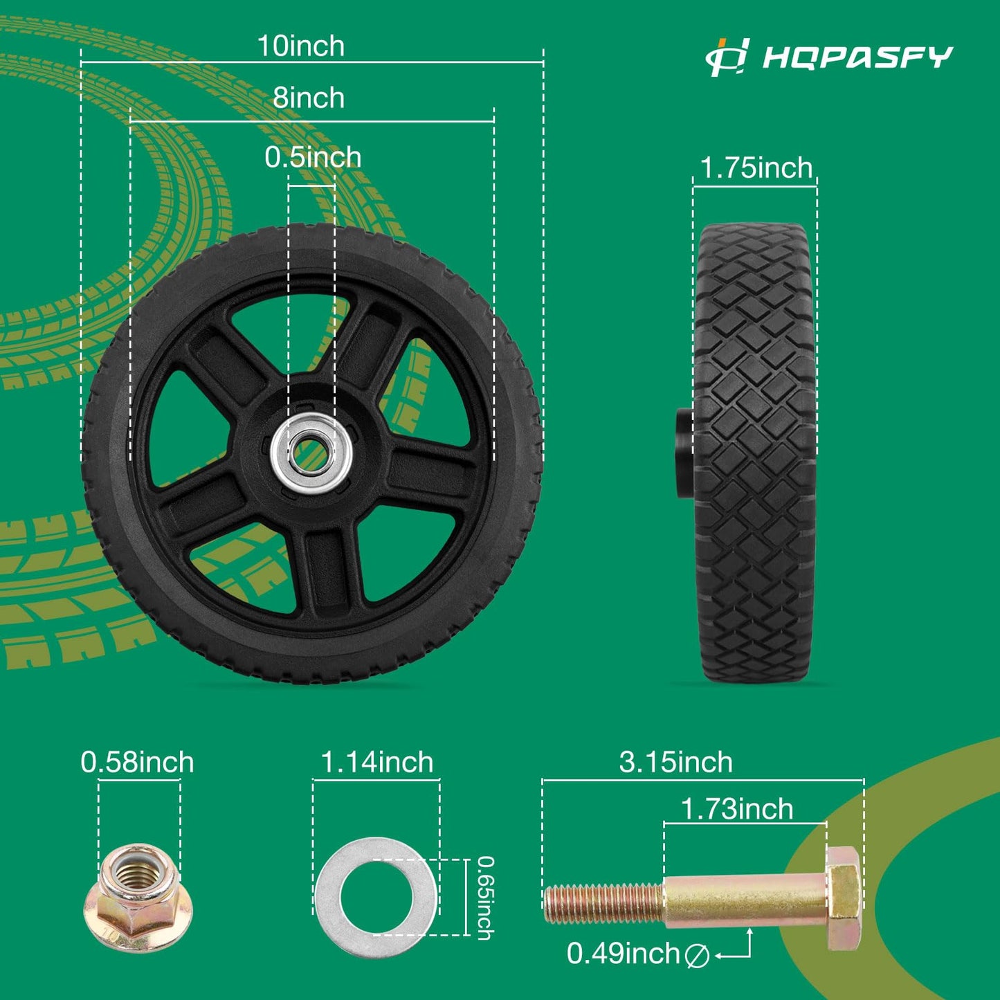 HQPASFY 10 Inch Lawn Mower Wheels 2 Pack 10" Push Lawn Mower Wheels with Bolts & Nuts kits Fits Most Standard push Lawn Mowers (10"×1.75")