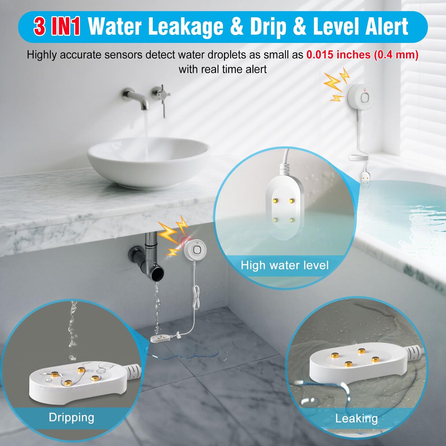 DAYTECH WiFi Water Sensors for Leaks 110dB Sump Pump Alarm with Phone Alerts and 6.5ft Detector Cable Smart Water Alarm for Basement/Laundry Room/Kitchen, 1-Pack(2.4G WiFi Only)