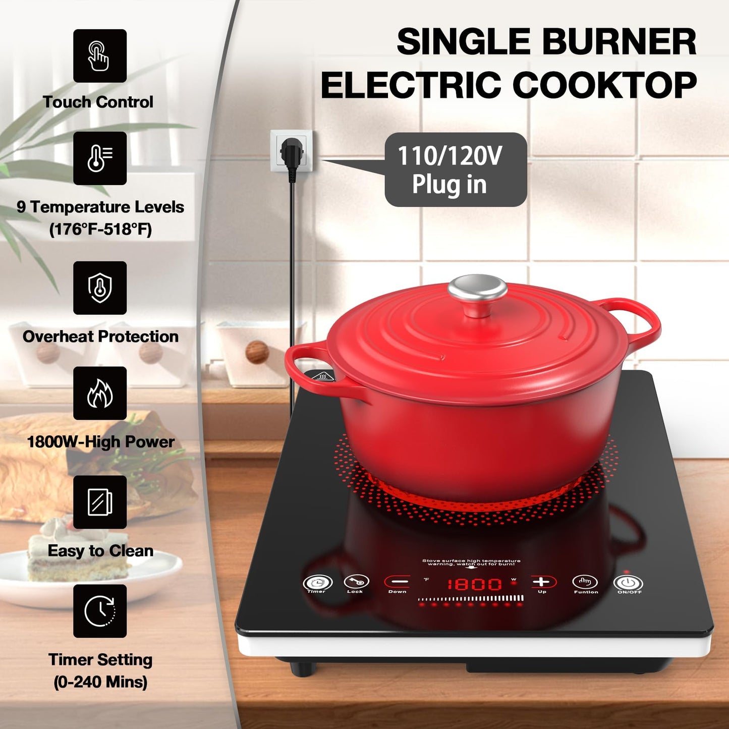 VBGK Single Burner Electric Cooktop,110V 1800W Electric Stove Top with LED Touch Control,Single burner 9 Power Levels, 4 h Timer, Safety Lock,Overheat protection