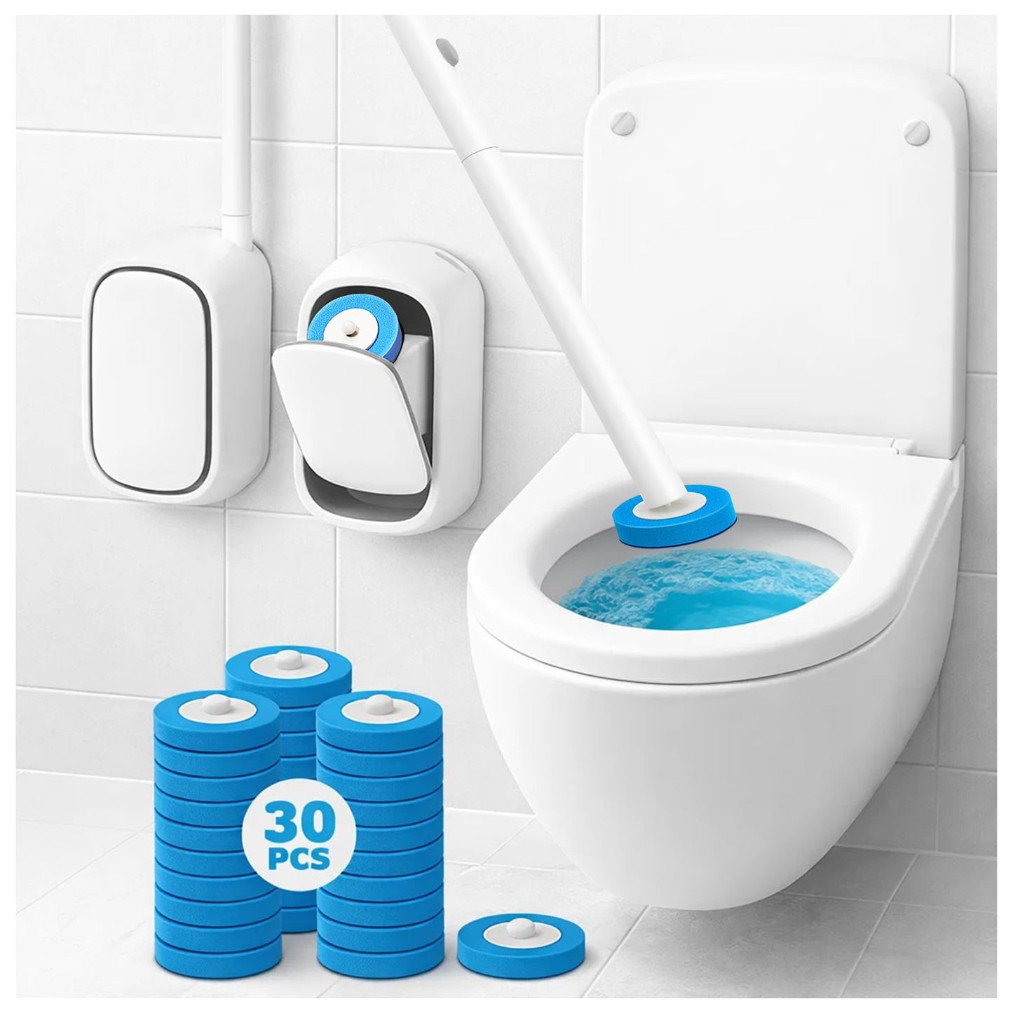 CiLoN Disposable Toilet Cleaning System + 30 Disposal Toilet Bowl Brush Refill Heads. Space-Saving Wall Mounted Toilet Brush and Holder Set for Modern Bathrooms & RVs. (Starter Kit + 30 Sponge Pads)
