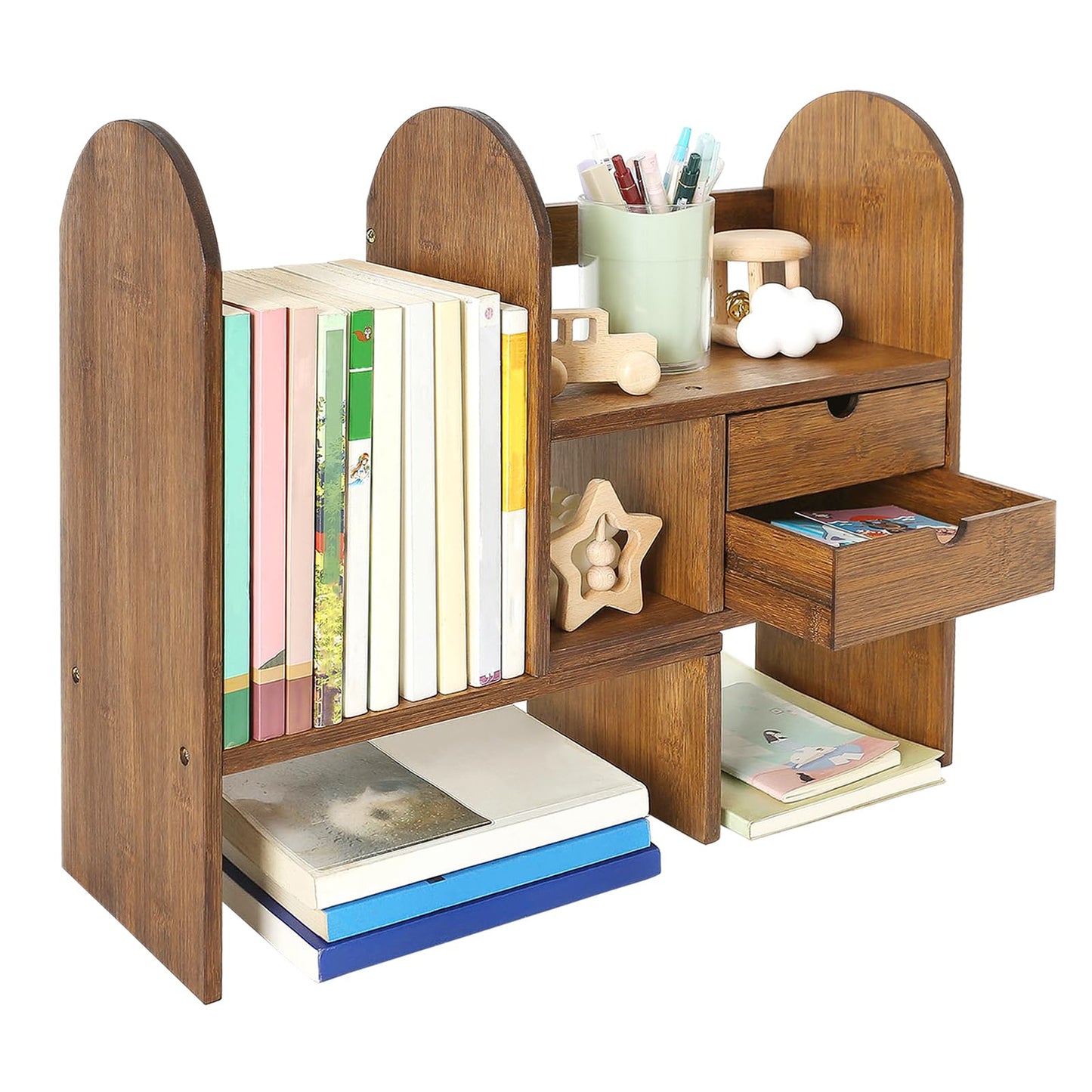 Sunhoo Desktop Bookshelf Organizer Adjustalbe Desk Shelf with Drawers Bedroom Bamboo Shelves Expandable Countertop Bookcase Standing Shelf for Office Supplies Seasoning Plants Books