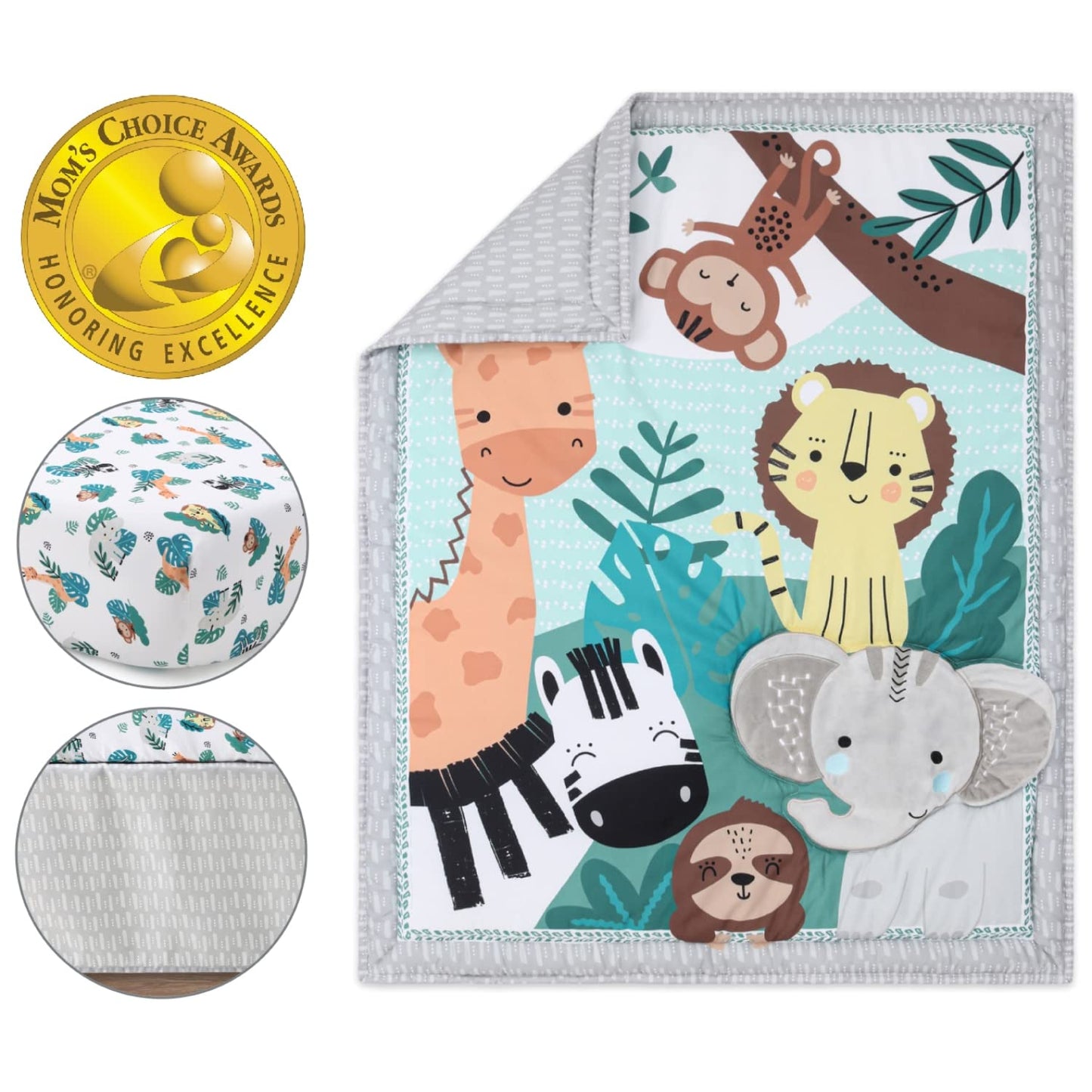 The Peanutshell 3 Piece Baby Crib Bedding Set for Boys & Girls - Newborn, Infant & Toddler Nursery Bed Set Decor with Fitted Crib Sheet, Dust Ruffle Comforter - Safari Adventures