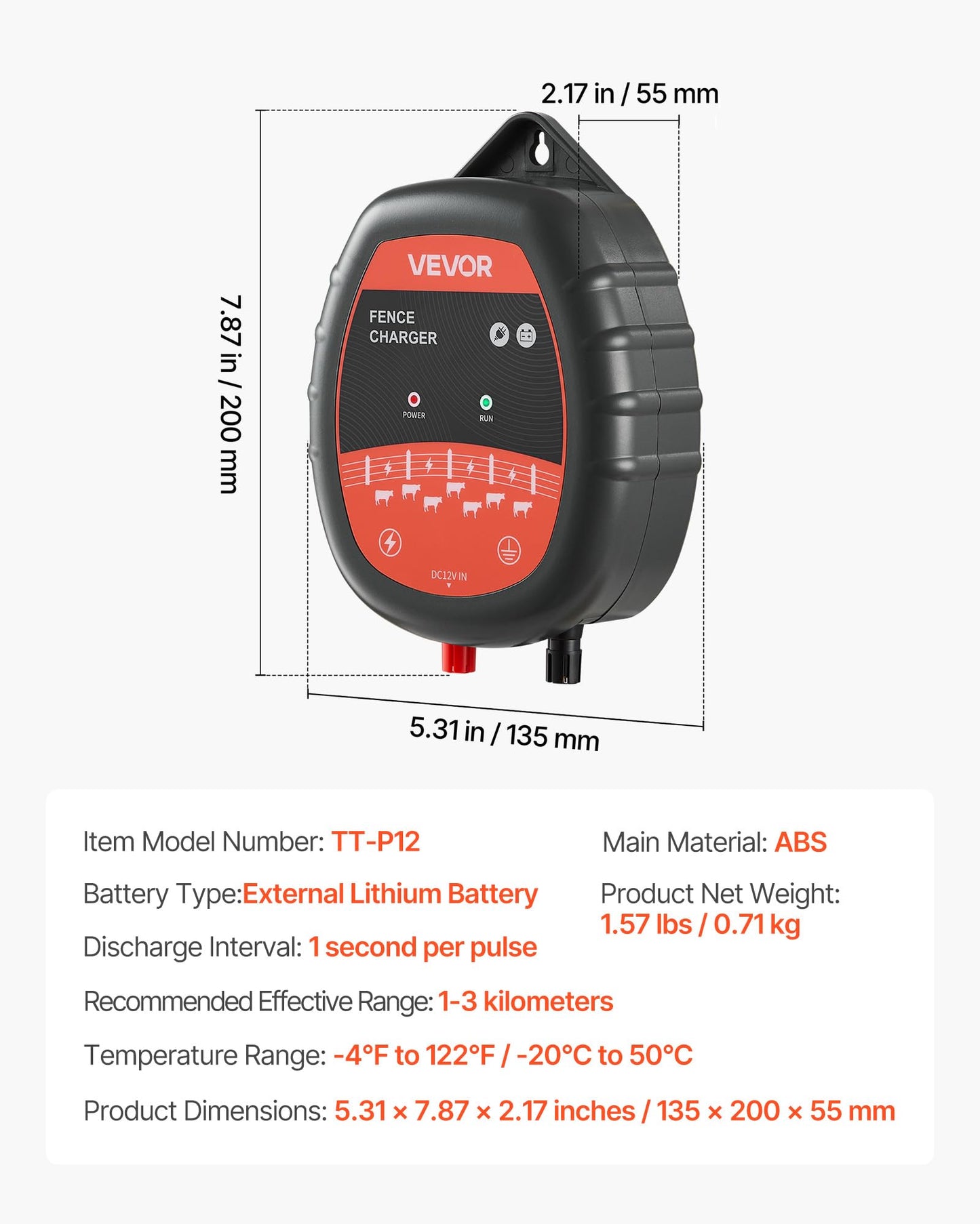 VEVOR Electric Fence Charger, 10kV 1J, AC DC Electric Fence Energizer with LED Indicator, 1.86 Miles Range, Powerful Plug-in Fences Charger, Prevents Wild Animals Intrusion for Livestock Poultry