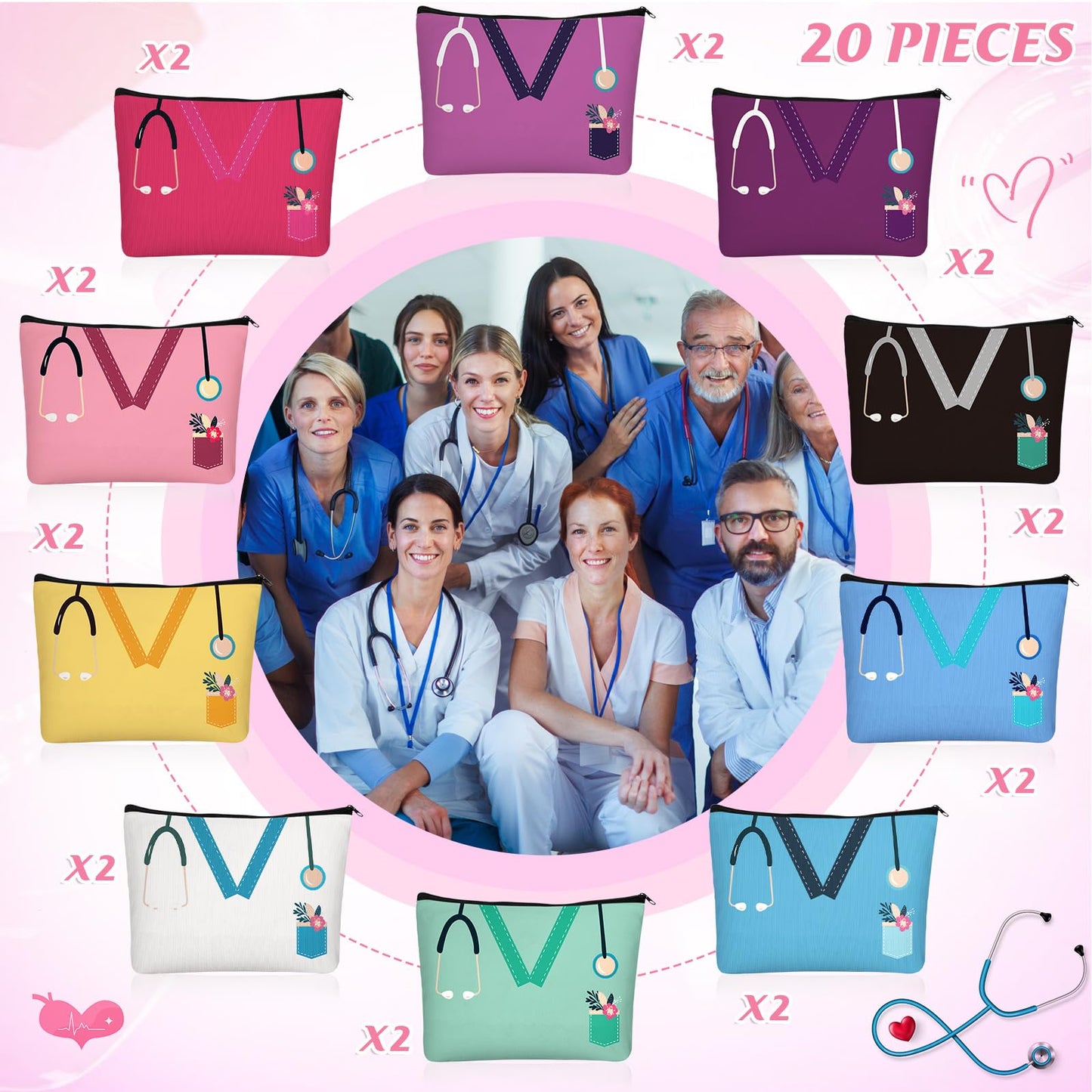 Sabary 20 Pcs Nurse Appreciation Gifts Bulk Nurse Makeup Canvas Bag with Zipper Thank You Sign Cosmetic Bags Cute Nursing Assistant Travel Nursing Pouch for Christmas
