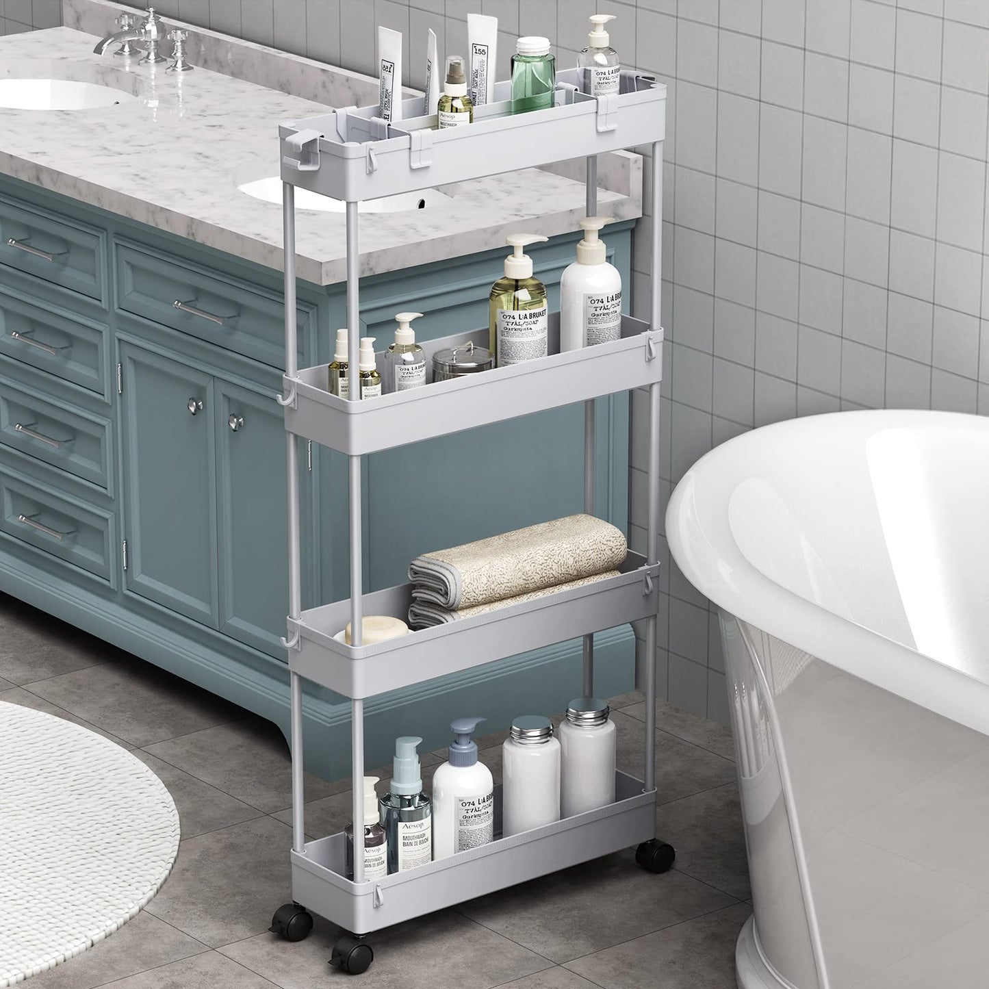 SPACELEAD Slim Storage Cart 4 Tier,Bathroom Organizer Rolling Utility Cart, Mobile Shelving Unit Slide Out Storage Cart for Office, Bathroom, Kitchen, Laundry Room & Narrow Places， Gray