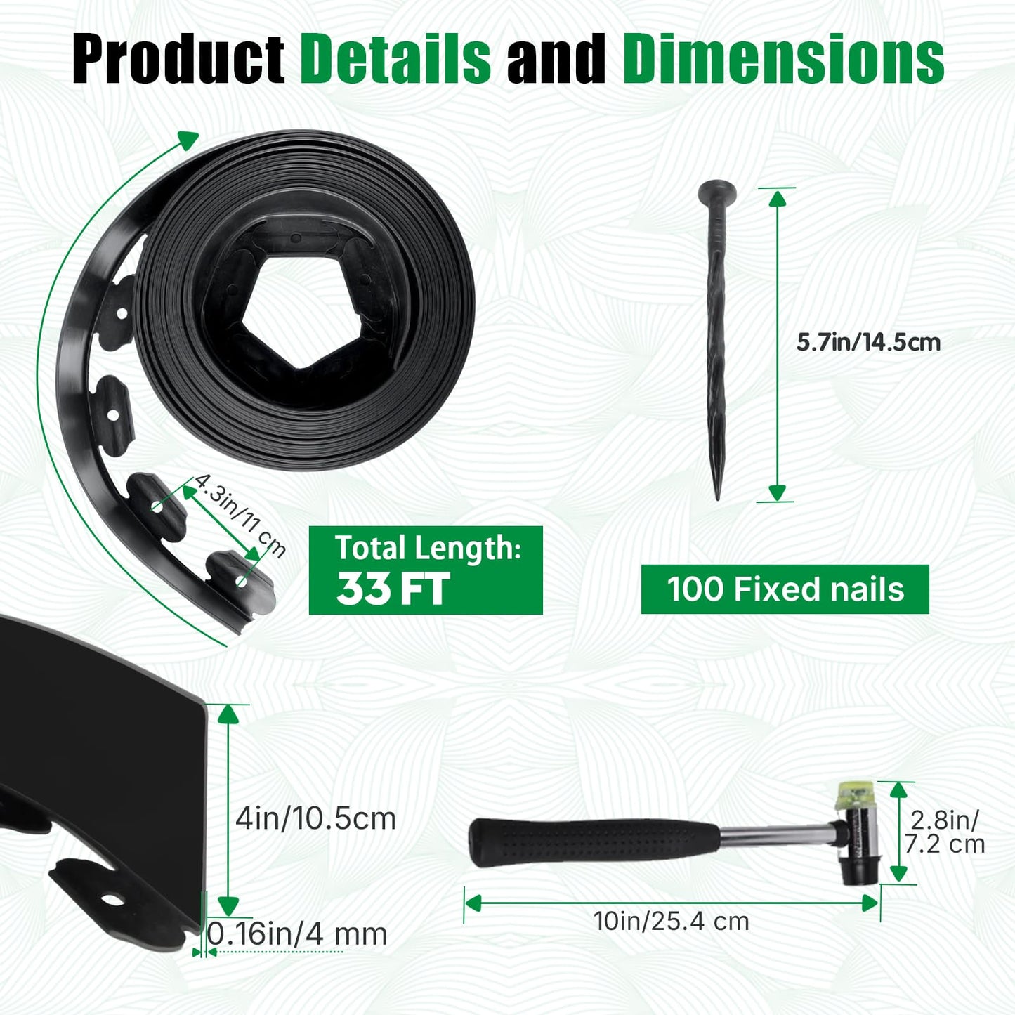 33Ft Garden Edging Kit with 100 Spikes - 4 Inch Tall Flexible Landscape Border for Flower Beds, Lawn, Yard & Landscaping, Black