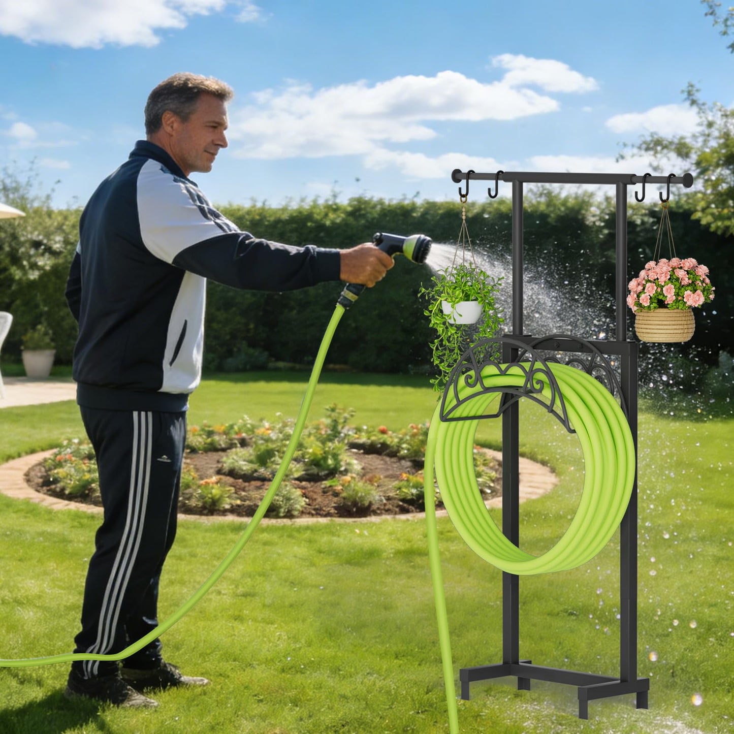 NEYCIL Garden Hose Holder with Telescopic Pole, Freestanding Garden Hose Stand Stake with 4 Spikes, Heavy Duty Sturdy Metal Hose Storage Rack and Hanger for Outside Yard Lawn Farm, Black
