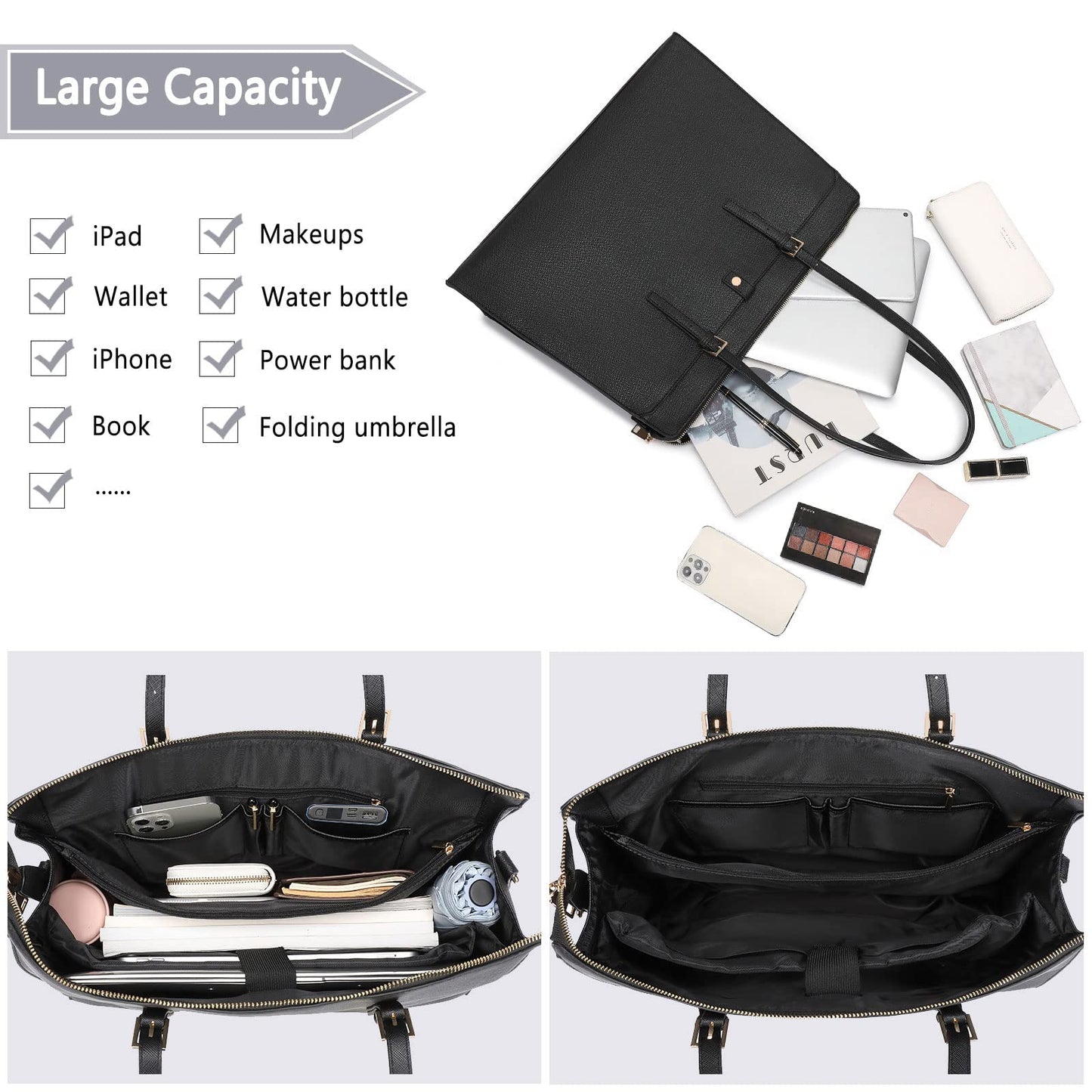 Laptop Bag for Women 15.6 inch Classy Women Tote Leather Computer for Work Large Capacity Waterproof Black Briefcase Business Tote Bags for Women