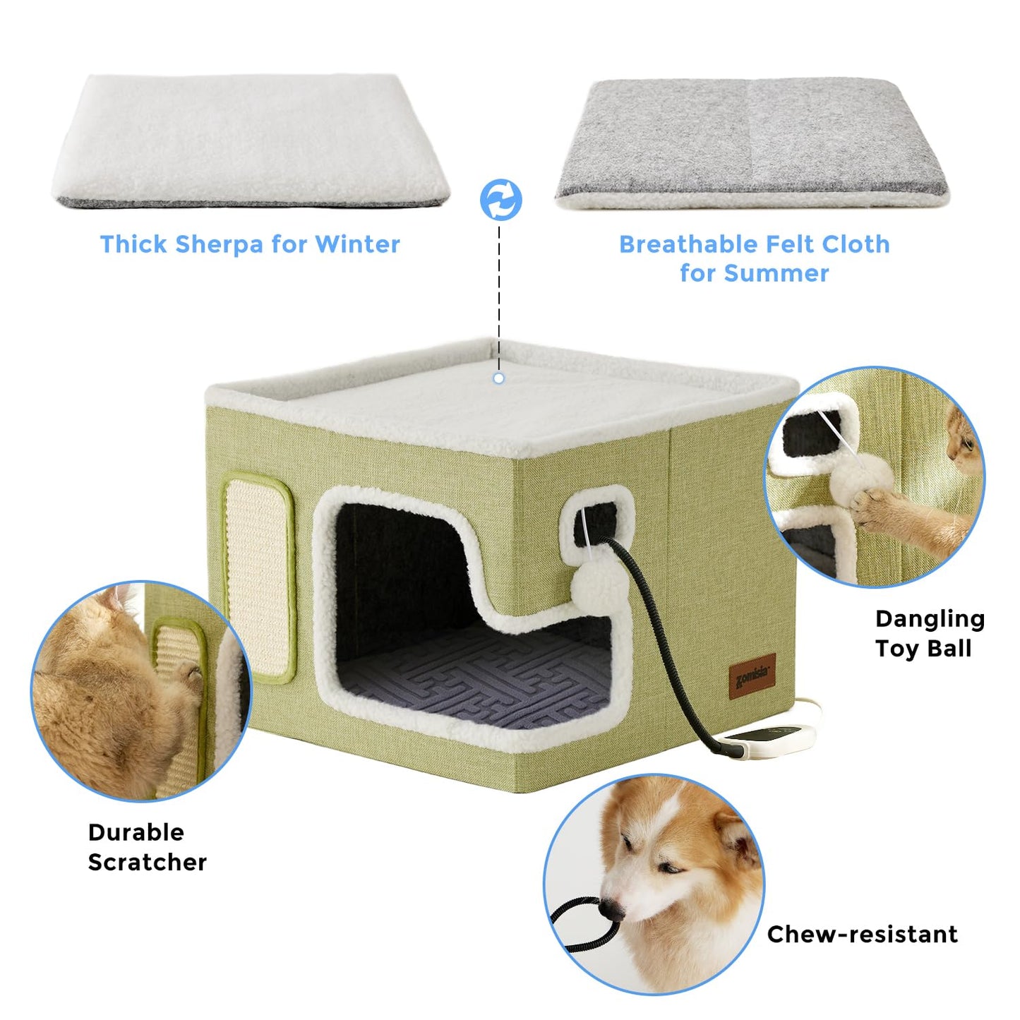 ZOMISIA Heated Cat House for Indoor Cats - Cat Warming Bed for Winter with Fluffy Ball Hanging and Adjustable Heating Pad, Foldable Cat Hideaway,16.5x16.5x13 inches, Grey