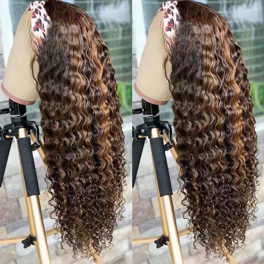 XSY Headband Wig Human Hair Ombre Highlight Curly Human Hair Wigs 16 Inch Headband Wigs for Black Women None Lace Front Wigs 150% Density 4/27 Highglight Wig
