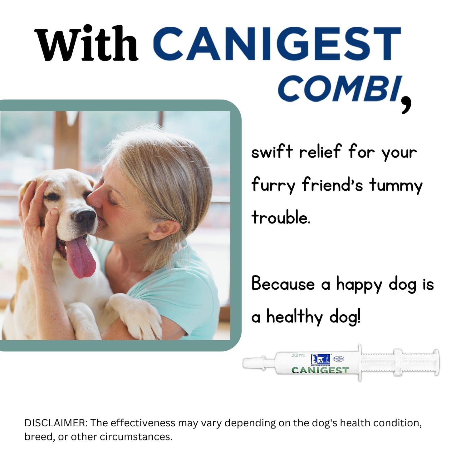 Canigest Combi - Diarrhea Treatment for Dogs | Stop diarrhea in hours | Combination of Pectin + Kaolin + 2 Probiotics + 2 Prebiotics | No Recurrence of Symptoms for Months - 32mL