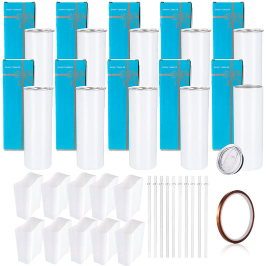 10 Pack Sublimation Tumblers Bulk Straight Skinny Tumbler Blanks 20oz for Heat Transfer, Individual Gift Boxed, Double Wall Insulated Tumbler with Shrink Wrap Films & Heat Tape & Straws