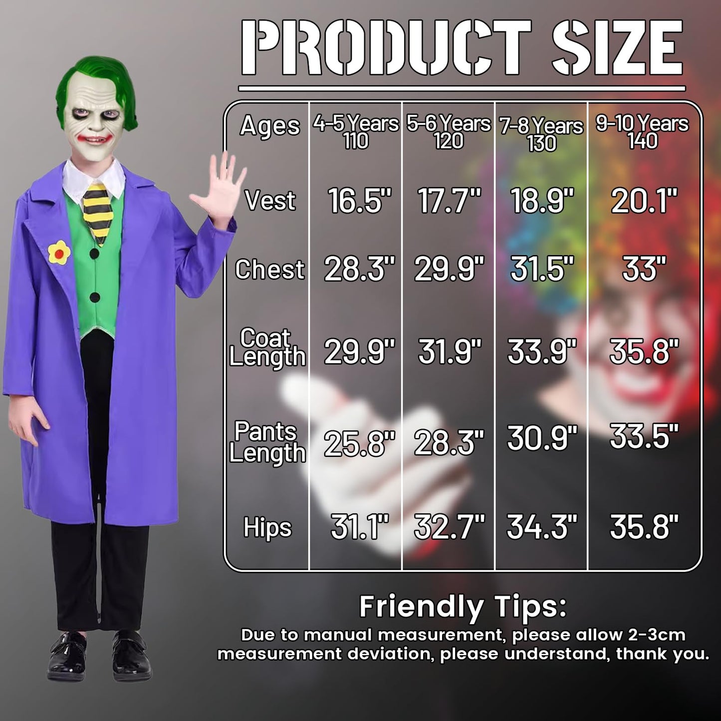 Puppyhao 4Pcs Killer Clown Costume Kids Boys Anime Knigh Costume Coat Clown Mask Vest Pants Funny Halloween Cosplay Outfiits