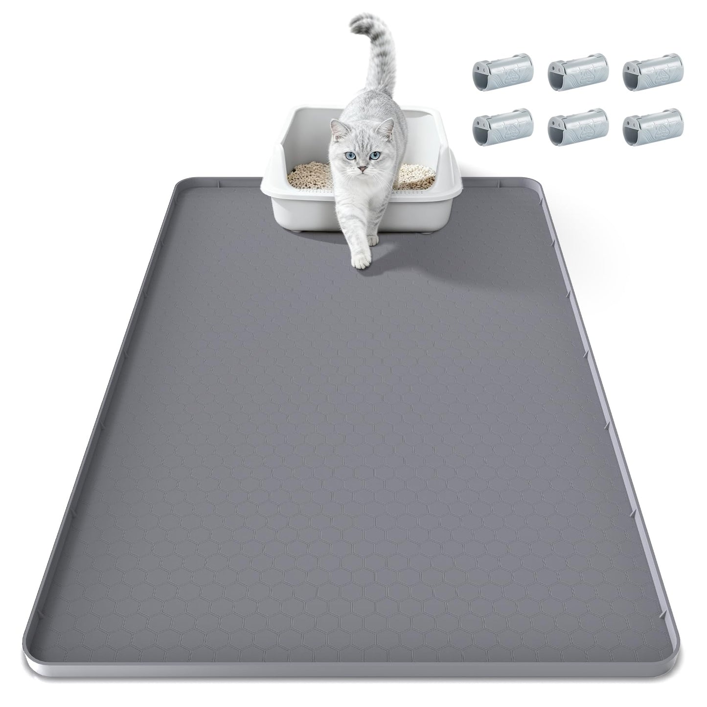 TIMOHCR Cat Litter Mat 34" X 22", Cat Litter Box Mats Waterproof Silicone Pad for Floor Pee Pad Tray Holder with Complimentary 6 Clamps