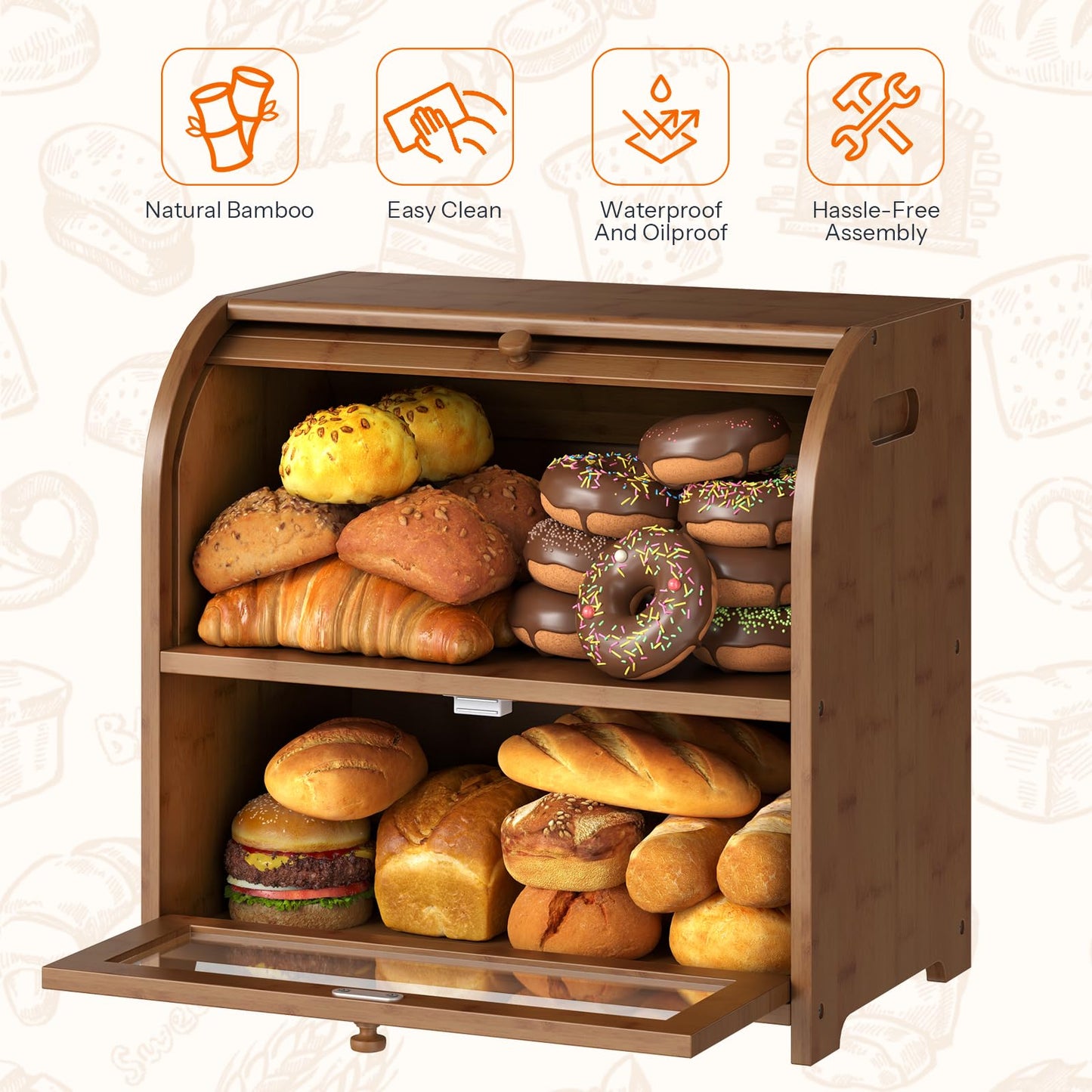 HOOBRO Bread Box, Bamboo Bread Box for Kitchen Countertop, 2 Tier Roll-Top Bread Bin, Food Storage Box, Large Capacity Keeper, Wooden Storage Cabinet, for Kitchen, Dining Room, Brown BR13MB01