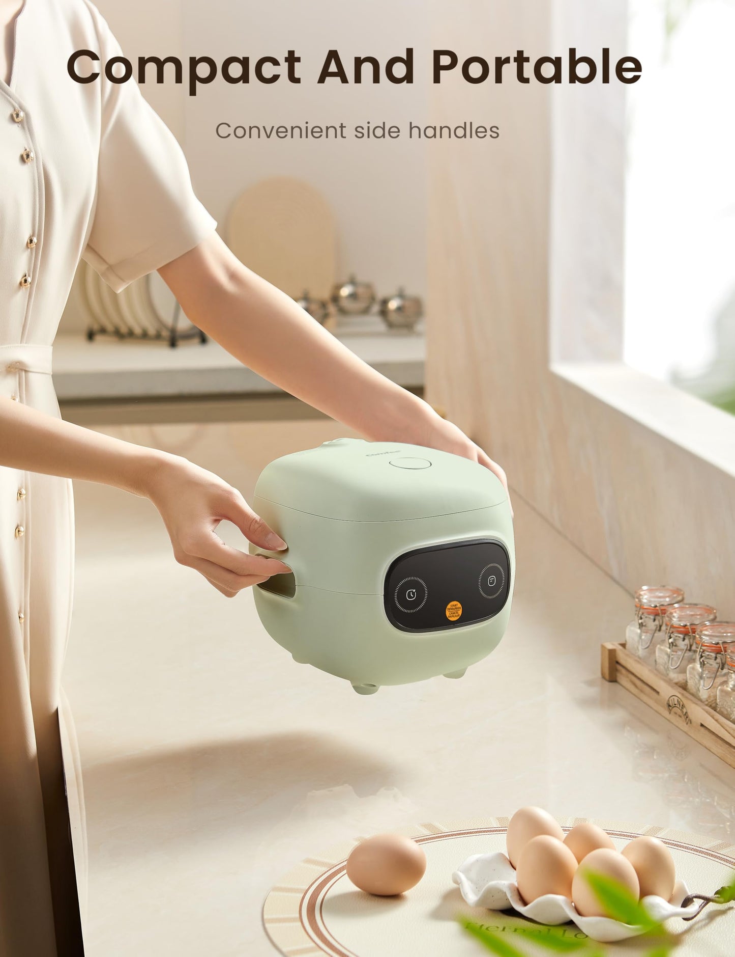 COMFEE' Mini Rice Cooker 4 Cups Cooked/2 Cups Uncooked, Portable Non-Stick rice maker, 24 hours Timer Delay, 6 Functions, Fast Cooker, Brown Rice, Oatmeal, Sage Green Color