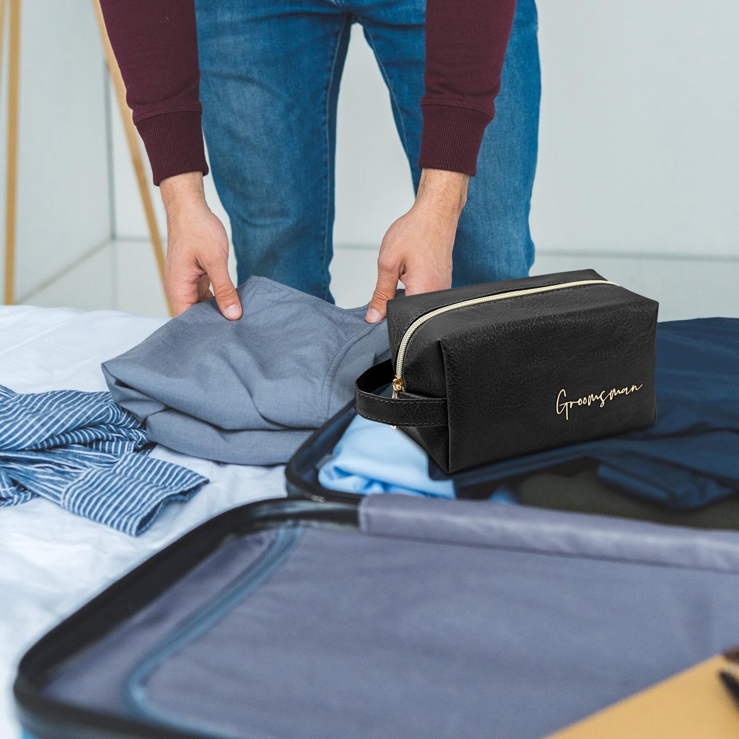 Amylove 7 Sets Man Gifts Men Toiletry Bag for Men Wedding Proposal Gift for Best Man PU Leather Cosmetic Bags with Zipper Bowknot Greeting Card Wedding Toiletries Accessories(Black)