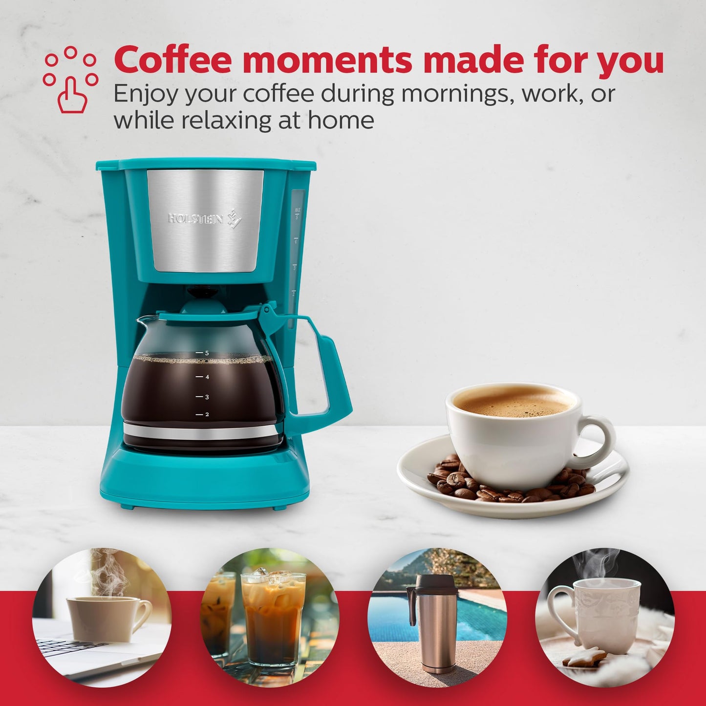 Holstein Housewares - 5-Cup Compact Coffee Maker, Teal - Convenient and User Friendly with Auto Pause and Serve Functions