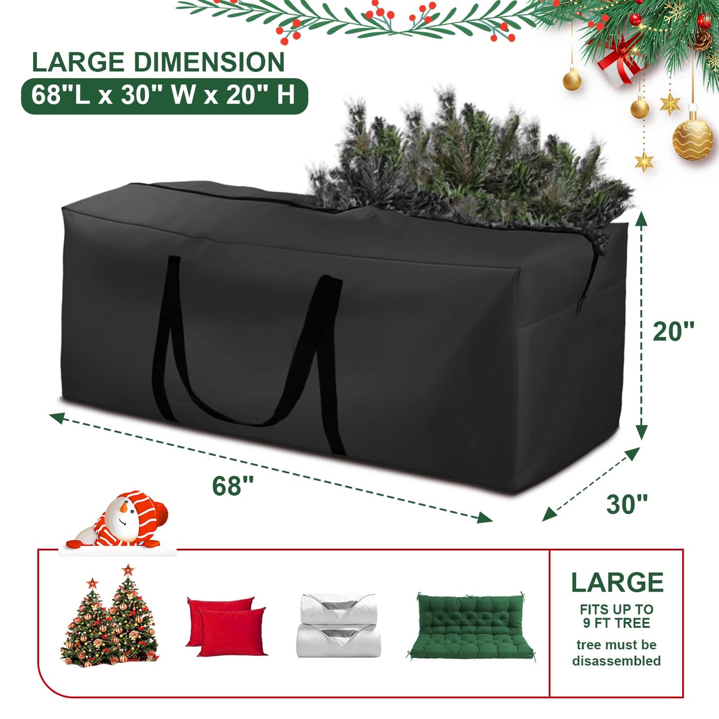 Christmas Tree Storage Bag Fits 9-12 Ft Tall Artificial Xmas Trees, 420D Oxford Heavy-Duty Waterproof Storage Bags, 68" L X 30" W X 20" Extra Large Xmas Tree Bag with Handles & Zipper (Black, 2 Pack)