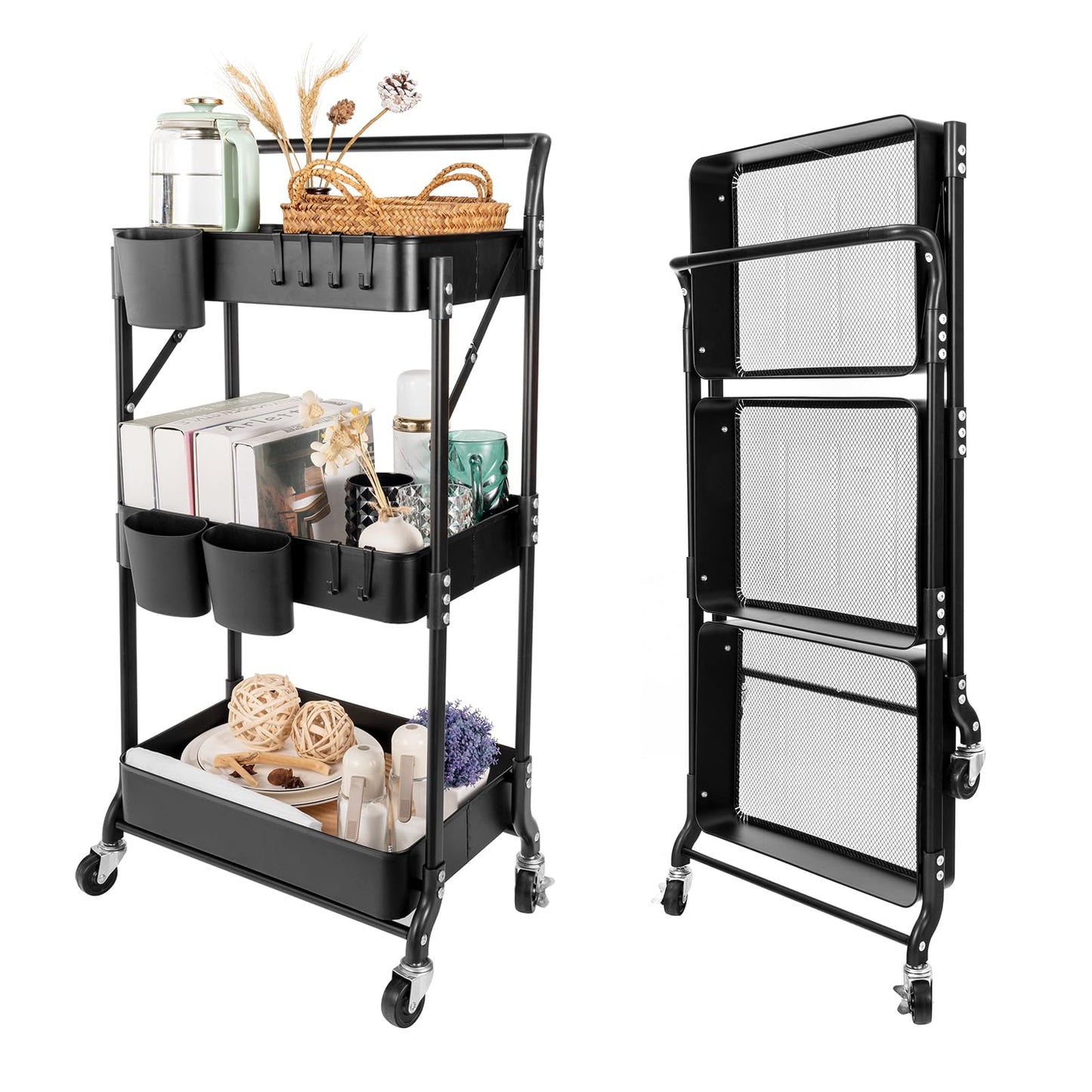 Amatic 3-Tier Folding Rolling Utility Cart with Wheels, Foldable Storage Cart Organizer with 3 Hanging Cups & 6 Hooks for Kitchen, Office, Living Room, Nursery(Black)