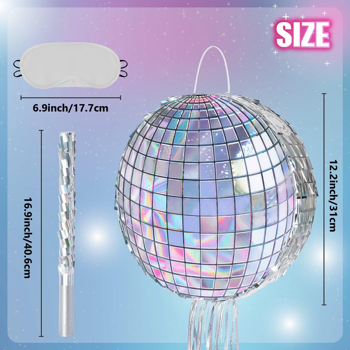 WERNNSAI Disco Party Pinata - Silver Disco Ball Pinata with Blindfold and Stick Hip Hop 80s 90s Retro Dance Disco Party Decoration Supplies for Birthday Wedding New Year Decorations