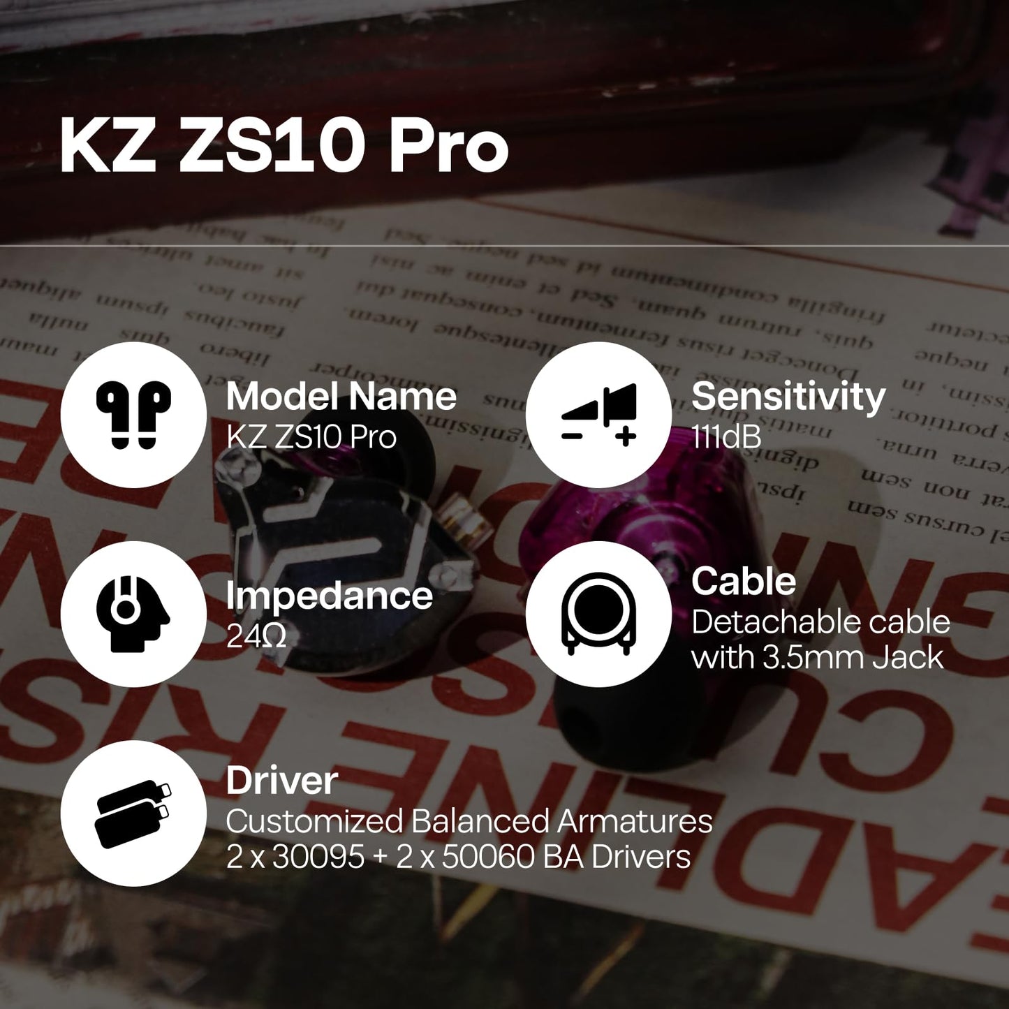 Linsoul KZ ZS10 Pro, 4BA+1DD 5 Driver in Ear Monitor, HiFi Wired Earbuds, Gaming Earbuds, Hybrid IEM Earphones with Stainless Steel Faceplate, Recessed 2 Pin Detachable Cable (Without Mic, Purple)
