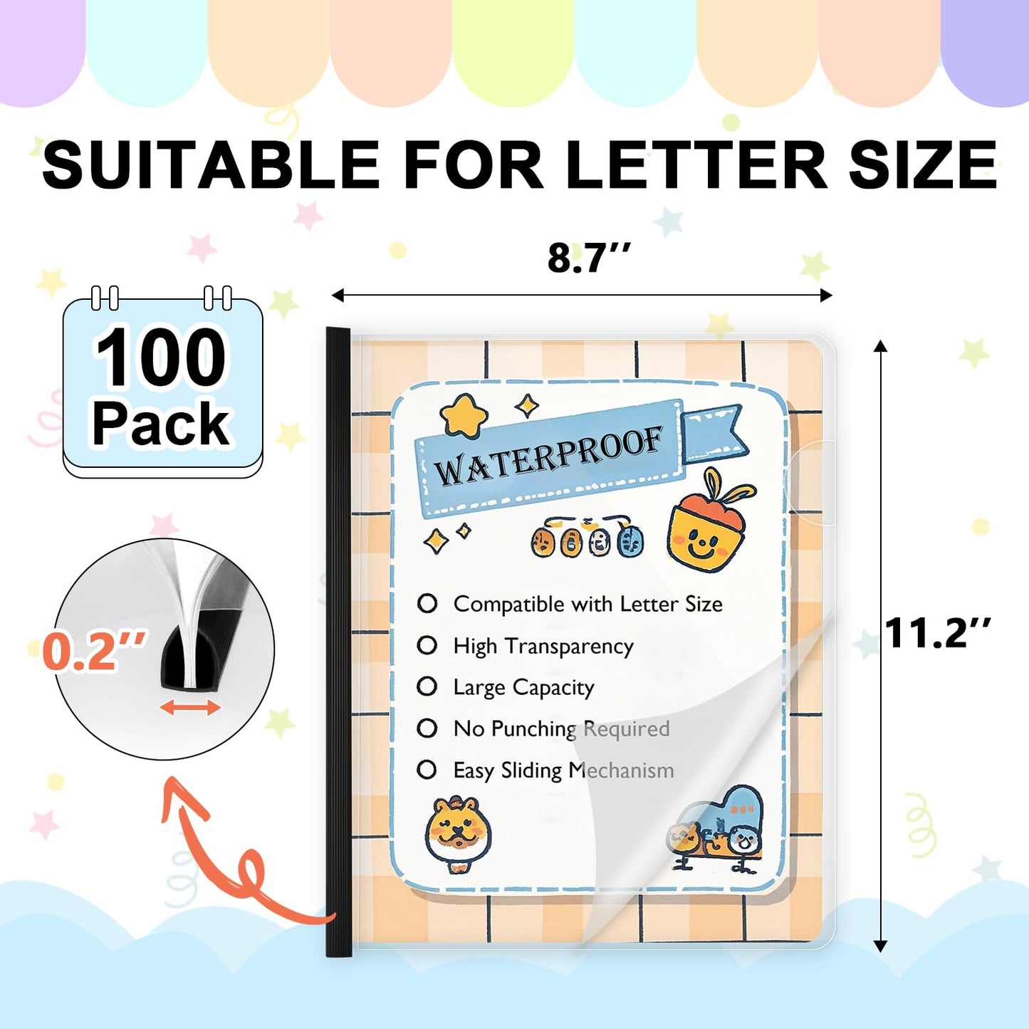 TOTiyea 100 Pack Clear Report Covers with Sliding Bars, Letter Size, 5mm (25 Sheet Capacity) Black Sliding Bar File Folders, 5.5mil Plastic Report Covers